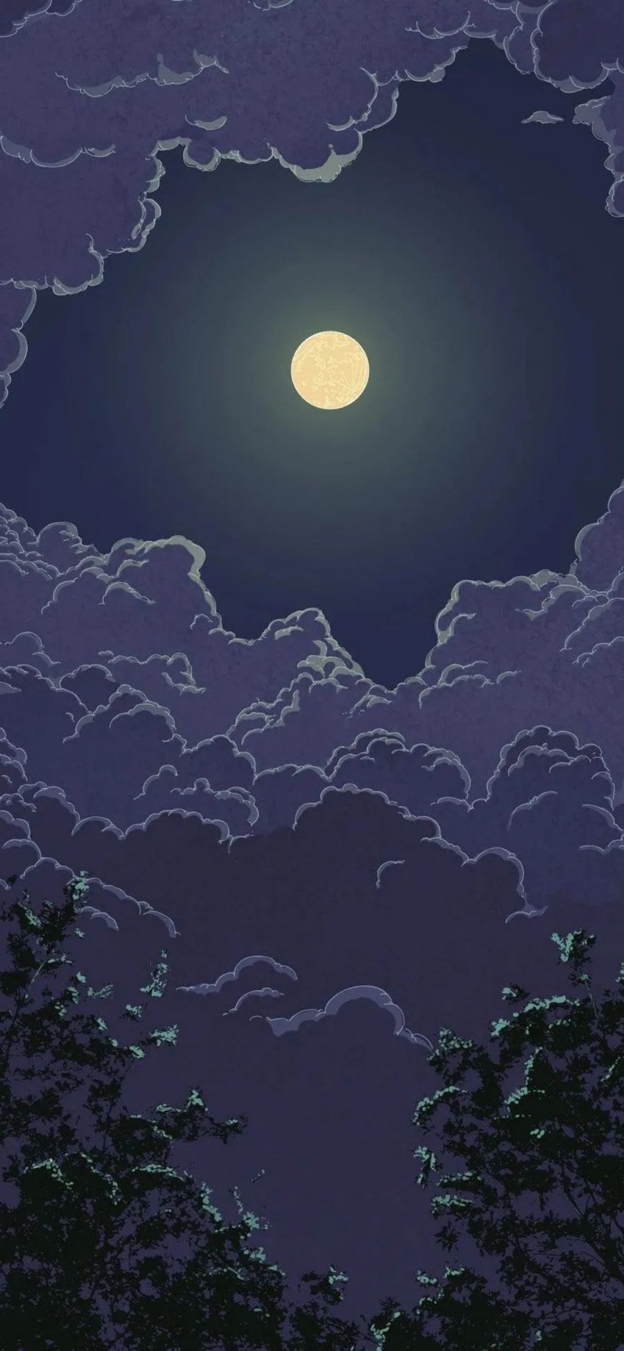 [2436×1125]夜景 插图 月亮 云层 苹果手机动漫壁纸图片