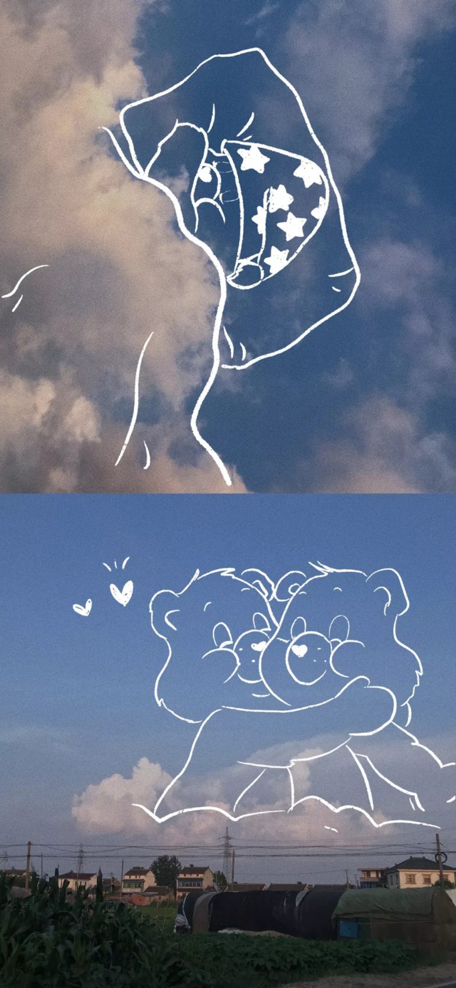 [2436×1125]天空 彩虹熊 爱心熊 简笔 苹果手机动漫壁纸图片