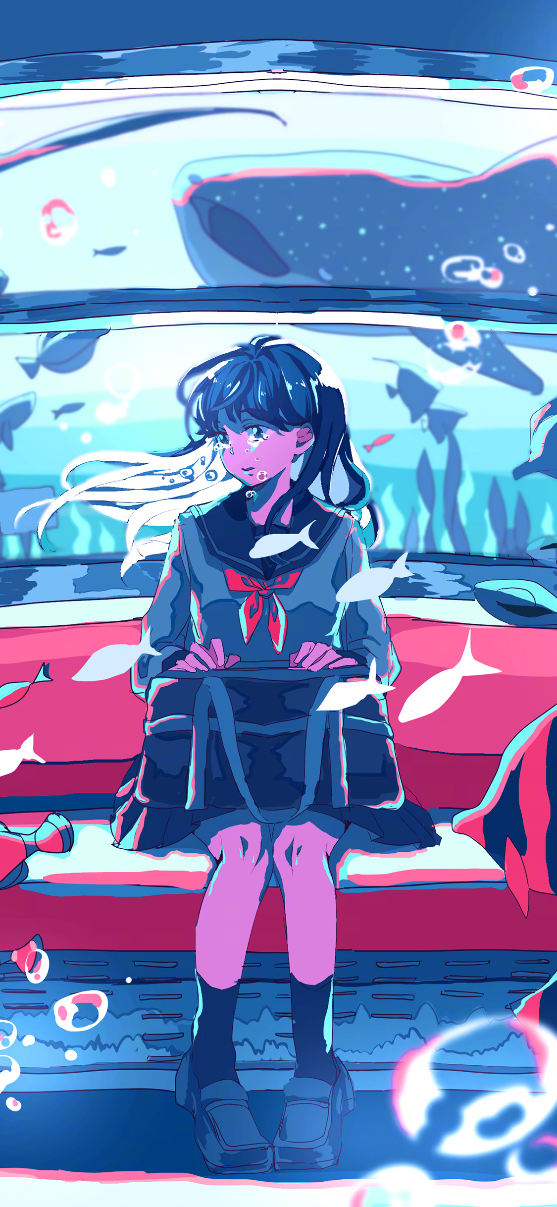 [2436×1125]女孩 列车 车厢 海洋 蓝色 鱼 苹果手机动漫壁纸图片