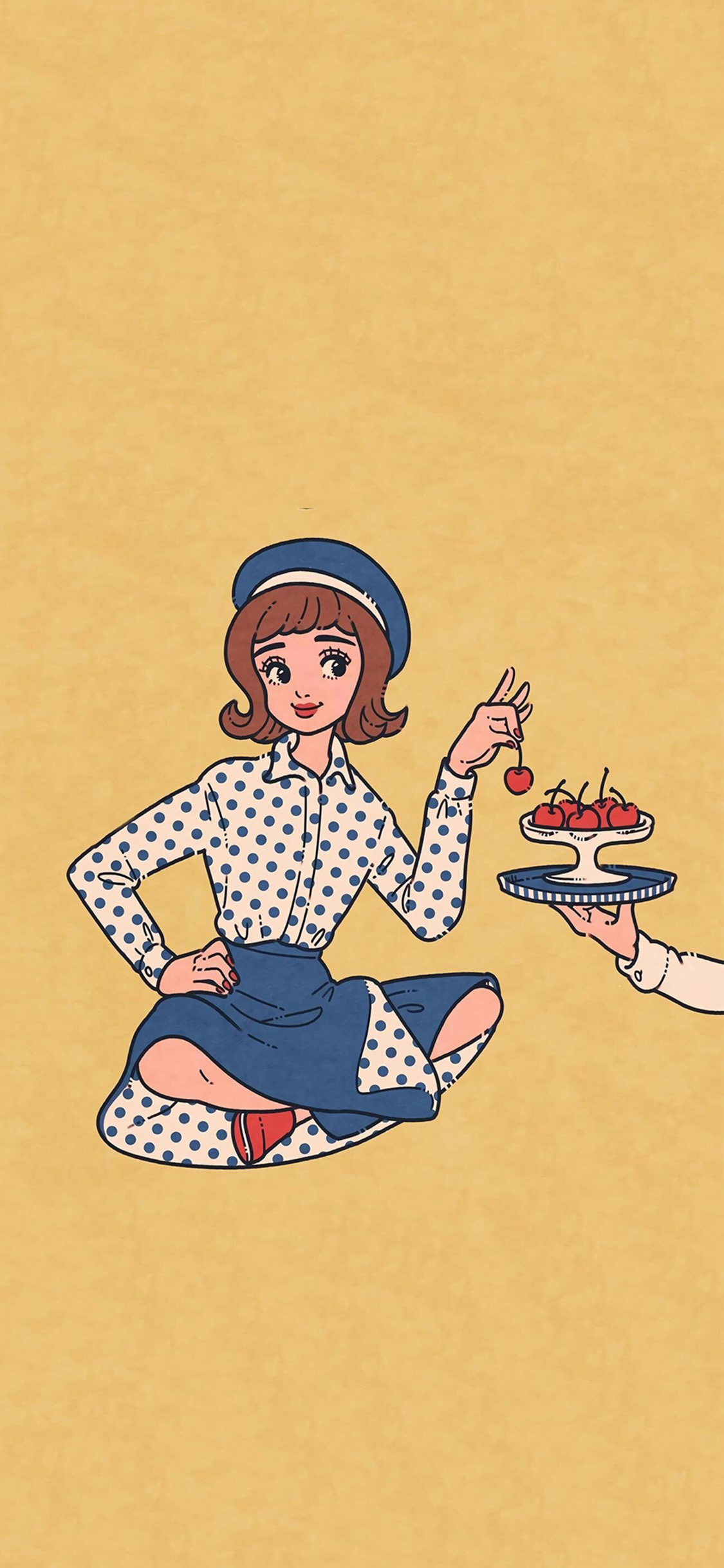 [2436×1125]女孩 插图 樱桃 复古 苹果手机动漫壁纸图片