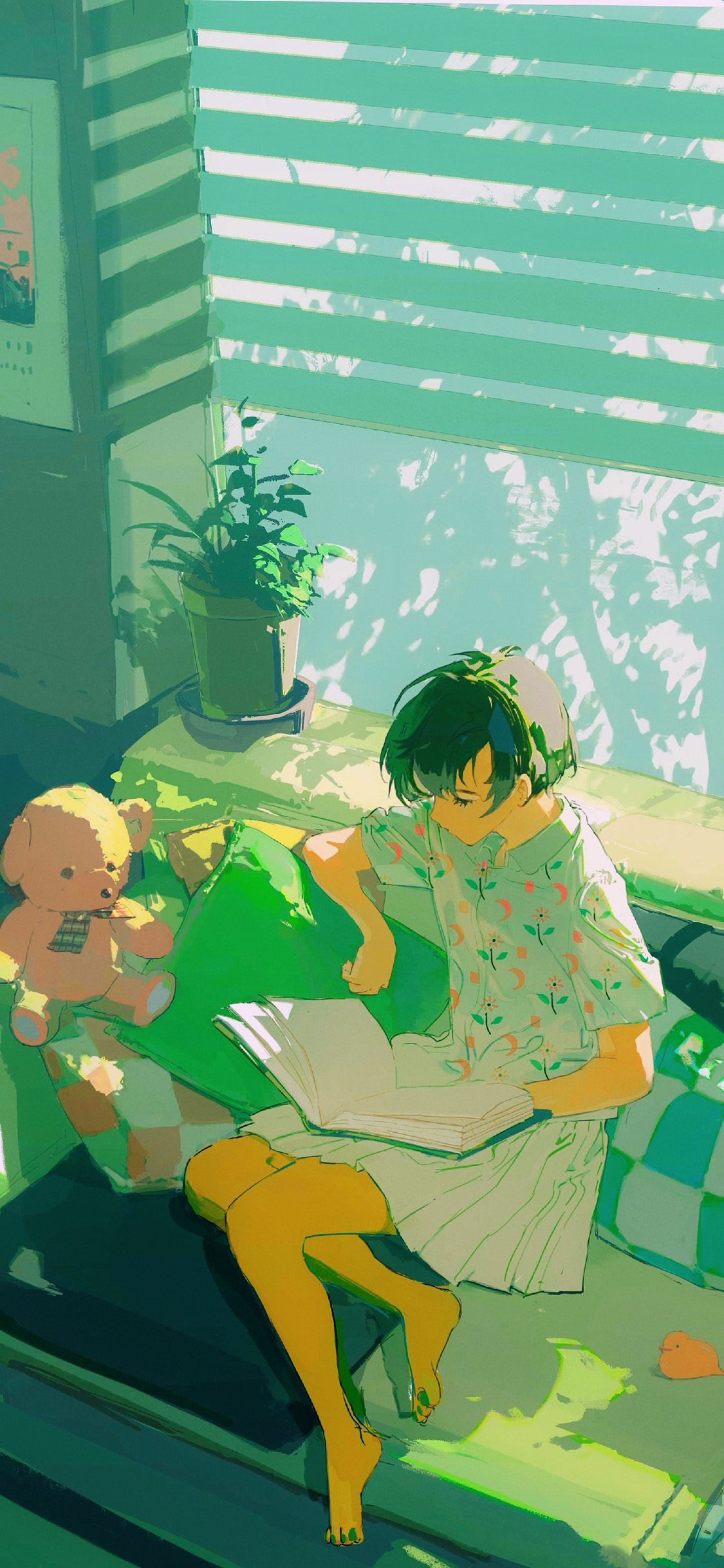 [2436×1125]女孩 插图 绿色系 家居 清新 苹果手机动漫壁纸图片