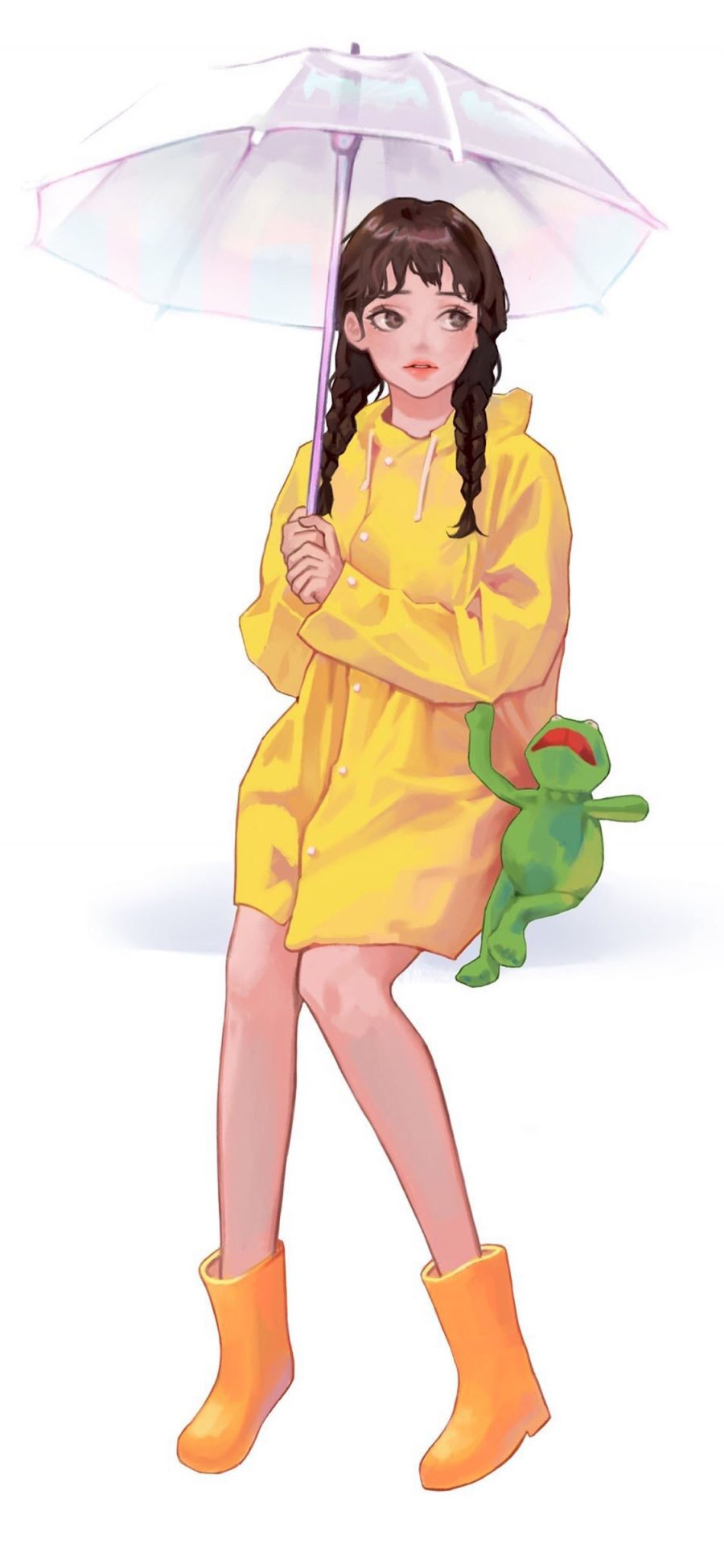 [2436×1125]女孩 插图 雨伞 科米蛙 作者：ubokhee 苹果手机动漫壁纸图片