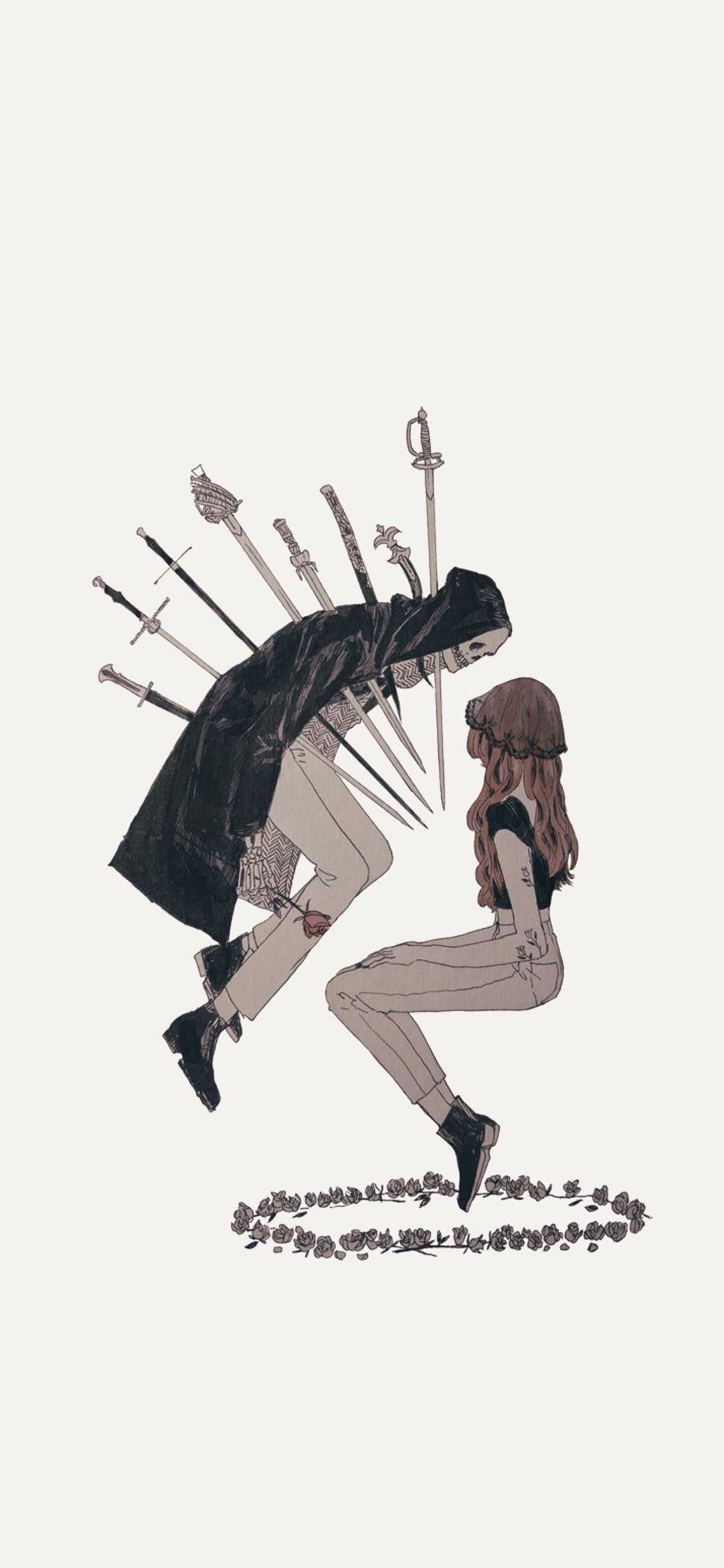 [2436×1125]女孩 插图 骷髅 刀剑 寓意 苹果手机动漫壁纸图片