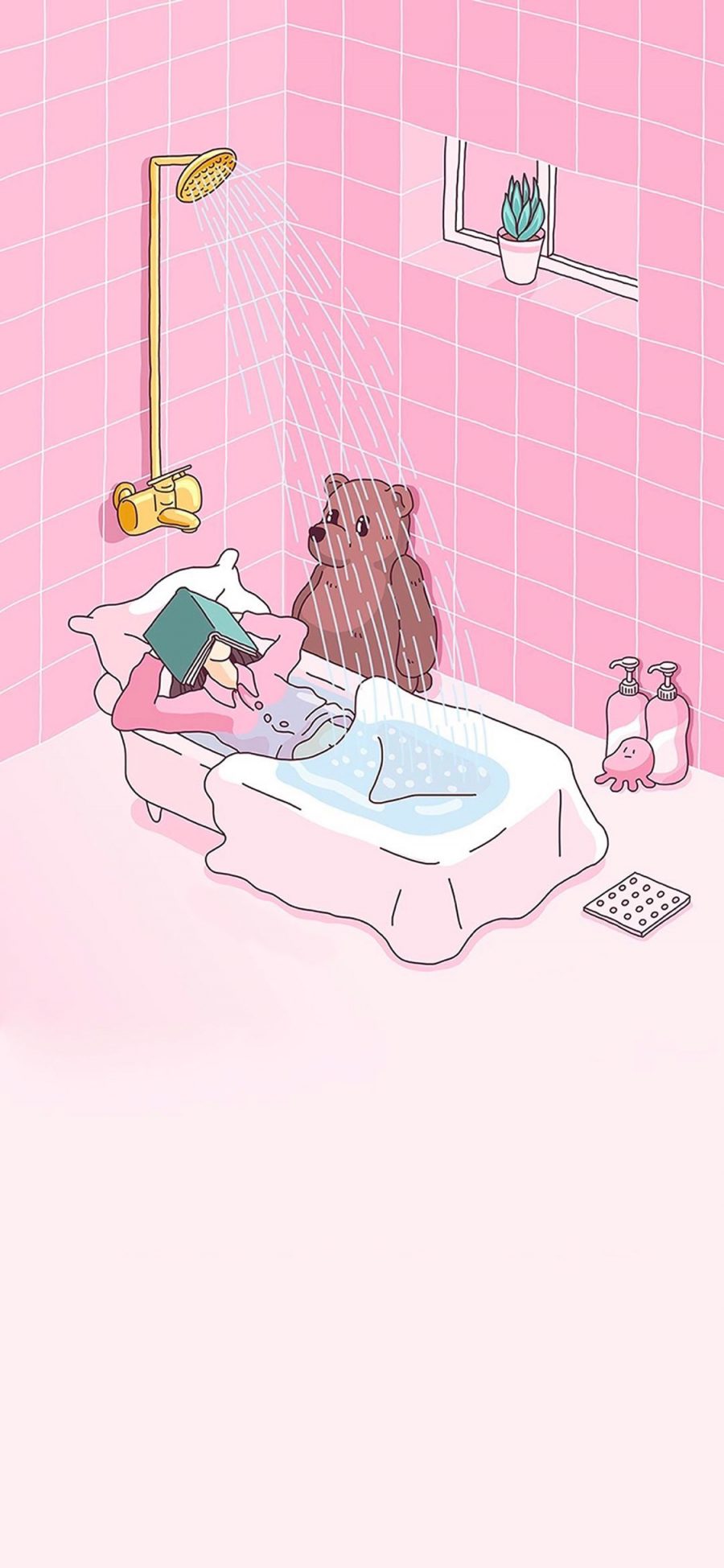 [2436×1125]女孩 插画 粉色系 沐浴 小熊 苹果手机动漫壁纸图片