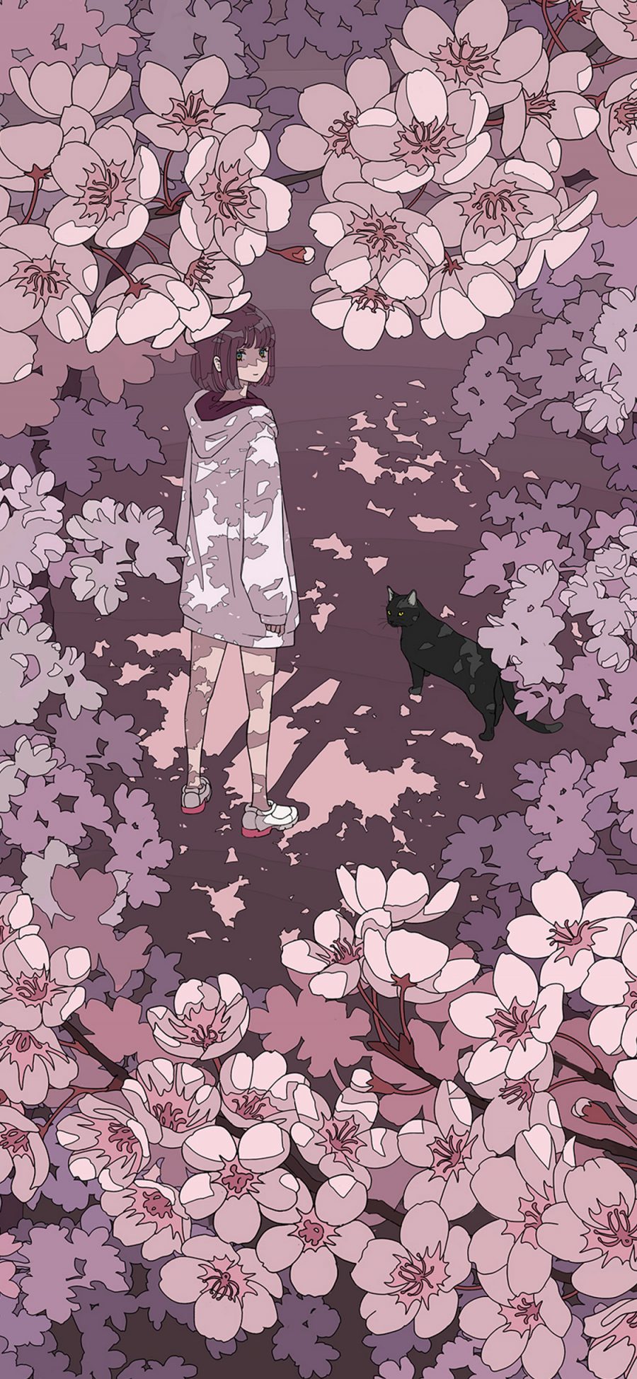 [2436×1125]女孩 樱花 紫色 黑猫 影子 花丛 苹果手机动漫壁纸图片