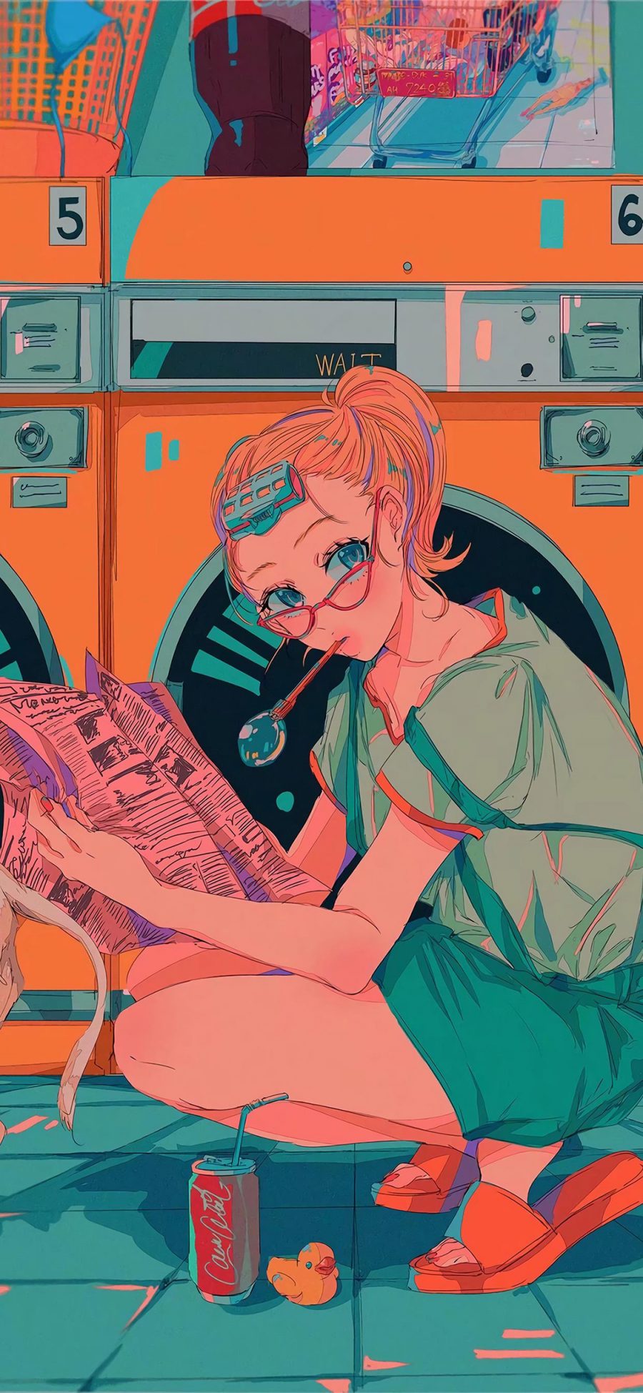 [2436×1125]女孩 漫画 报纸 洗衣房 可口可乐 苹果手机动漫壁纸图片