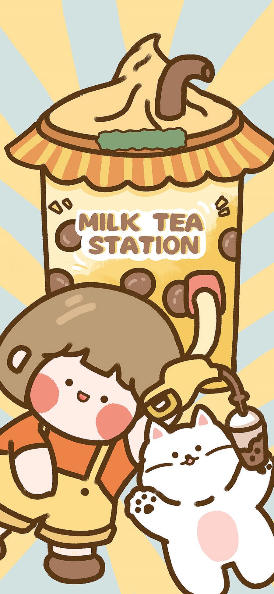 [2436×1125]奶茶 肉肉酱 小猫 卡通 女孩 苹果手机动漫壁纸图片