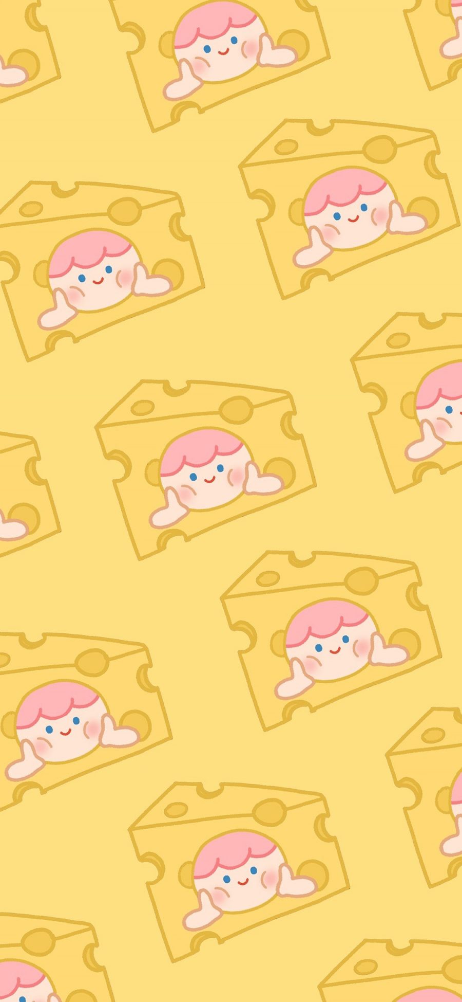 [2436×1125]奶酪 黄色 女孩 挤脸 平铺 苹果手机动漫壁纸图片