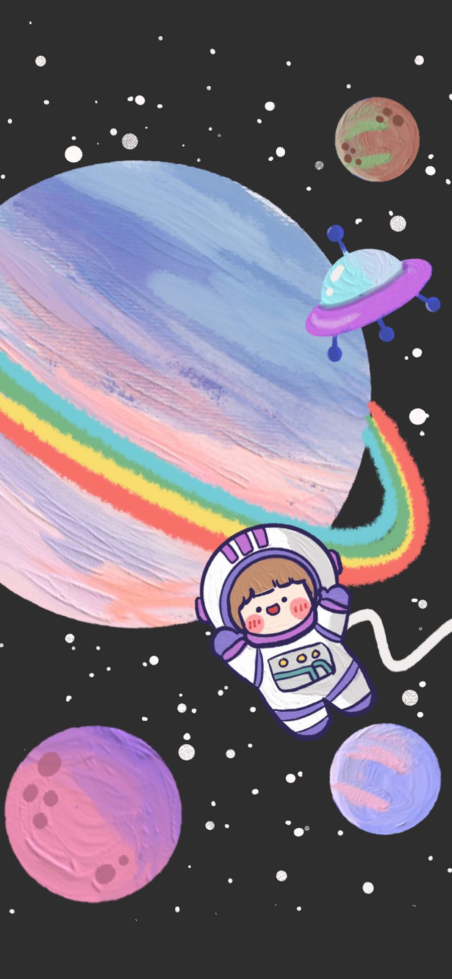 [2436×1125]宇宙 行星 小女孩 宇航员（取自微博：肉肉酱） 苹果手机动漫壁纸图片