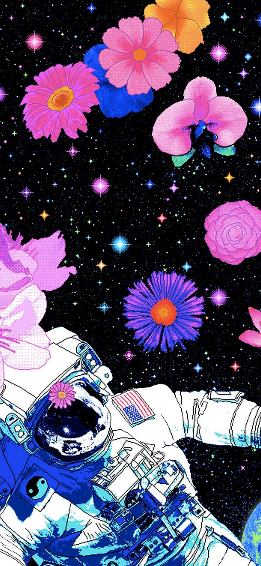 [2436×1125]宇航员 像素 插图 花朵 星空 苹果手机动漫壁纸图片