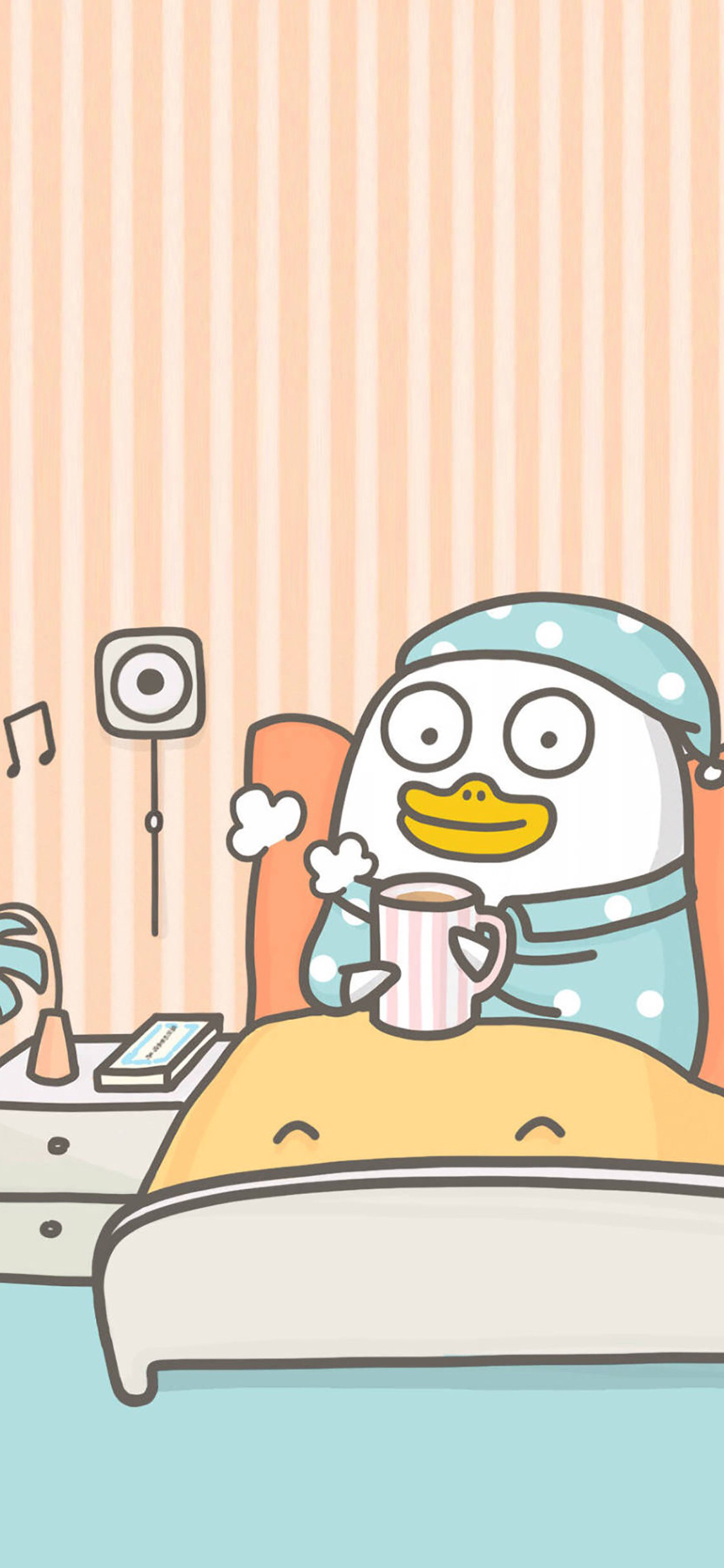 [2436×1125]小刘鸭 睡觉 被窝 饮品 音乐 苹果手机动漫壁纸图片