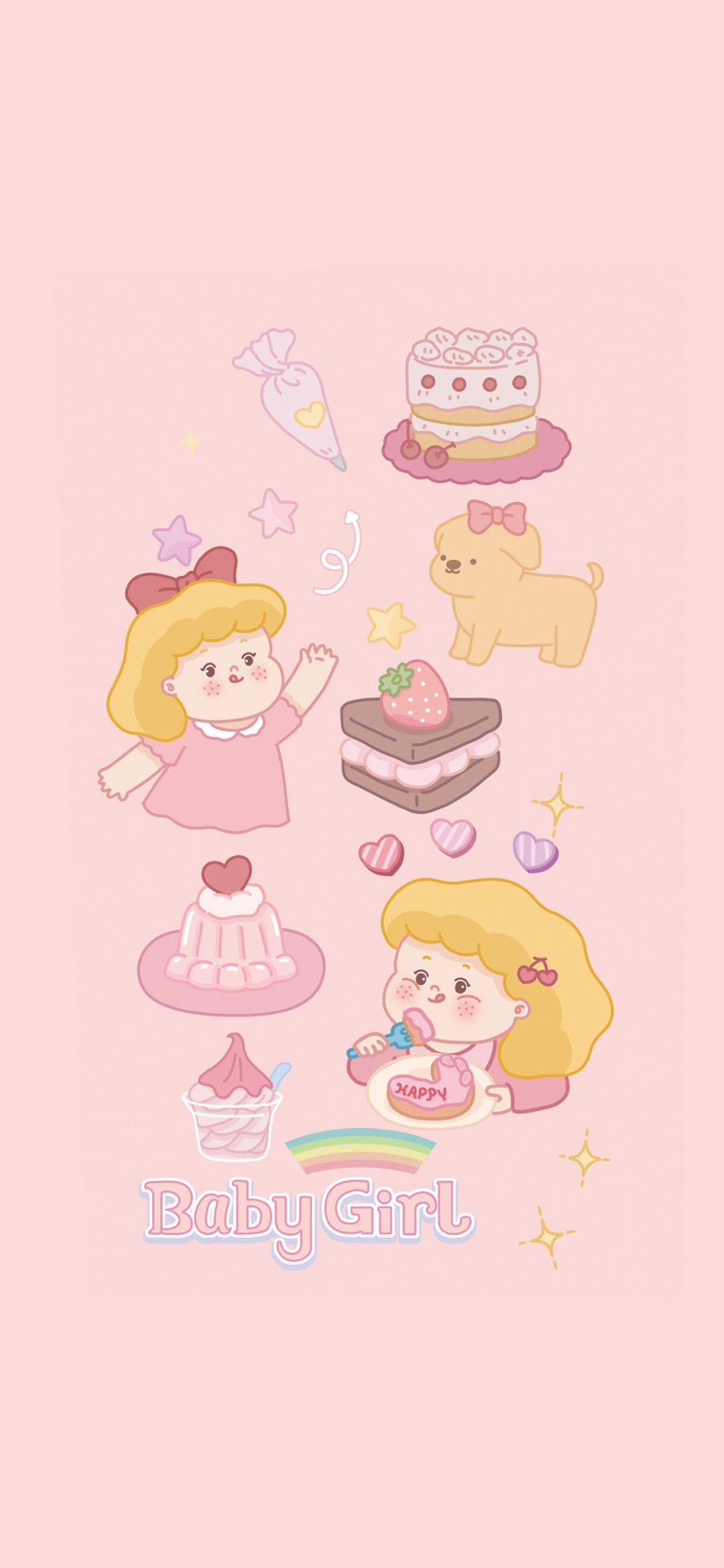 [2436×1125]小女孩 粉色 草莓蛋糕 爱心 狗 苹果手机动漫壁纸图片