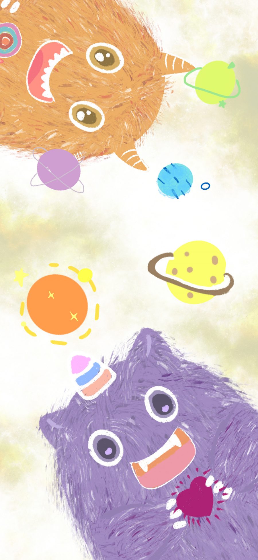 [2436×1125]小怪兽 可爱 星球 色彩 苹果手机动漫壁纸图片