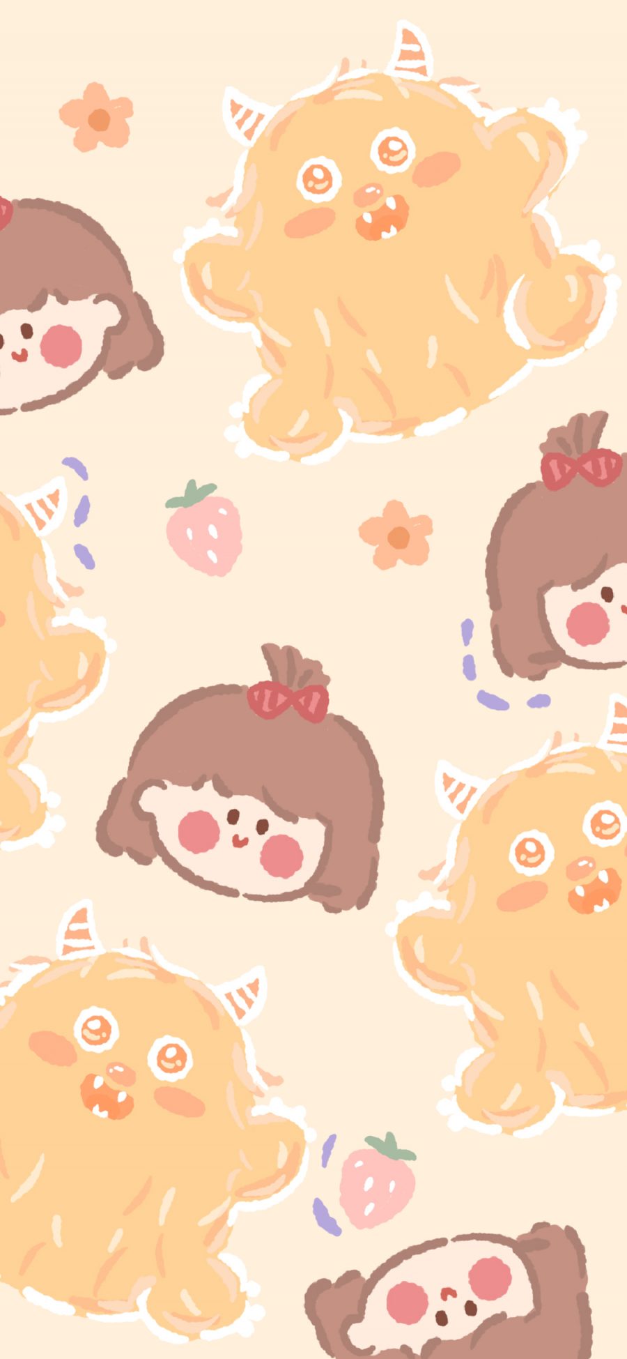 [2436×1125]小怪兽 小女孩 草莓 黄色 平铺 苹果手机动漫壁纸图片