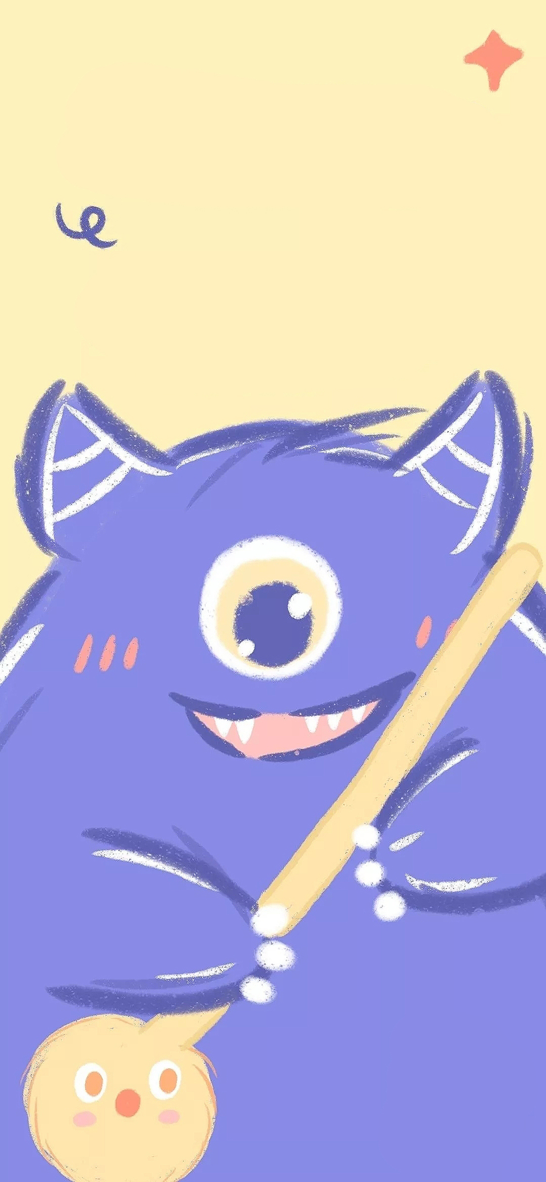 [2436×1125]小怪兽 紫色 背包 角 独眼 可爱 苹果手机动漫壁纸图片