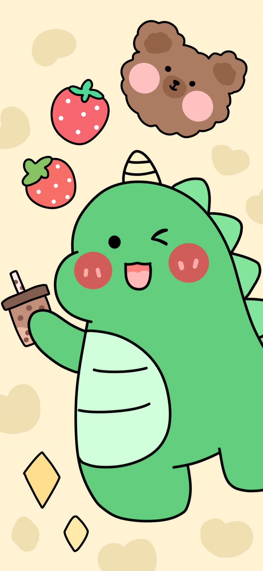 [2436×1125]小恐龙 可爱 草莓 卡通 爱心 苹果手机动漫壁纸图片