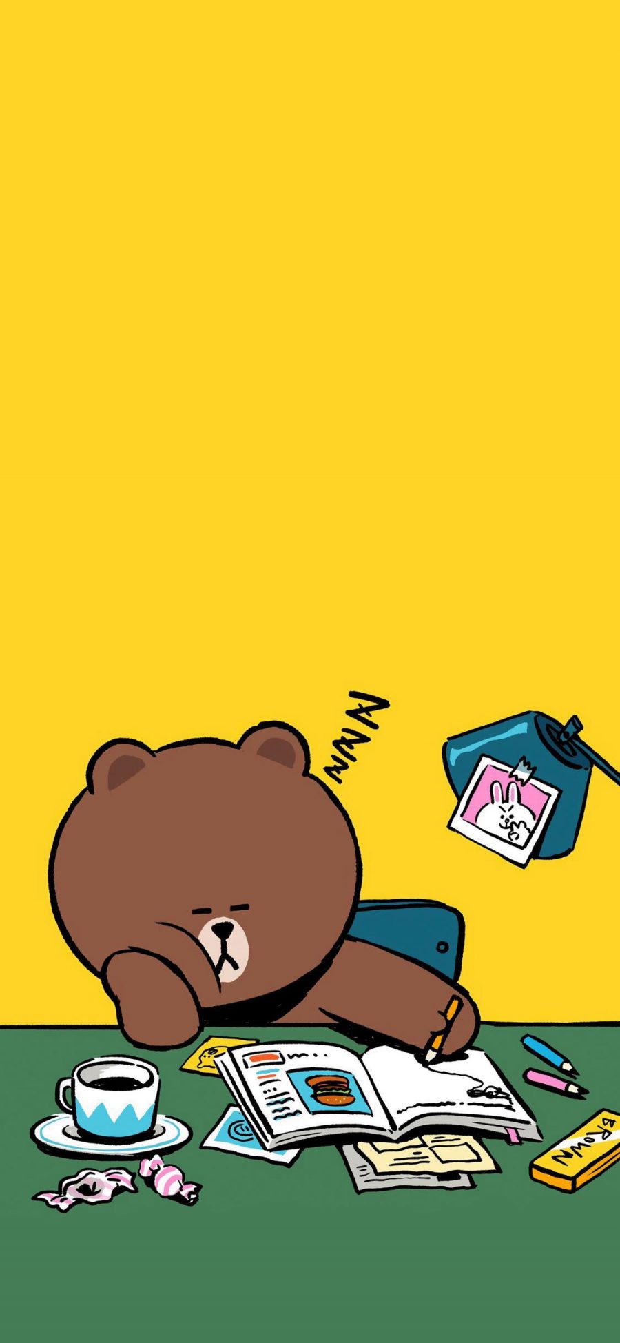 [2436×1125]布朗熊 linefriends 书桌 黄色 可爱 卡通 苹果手机动漫壁纸图片