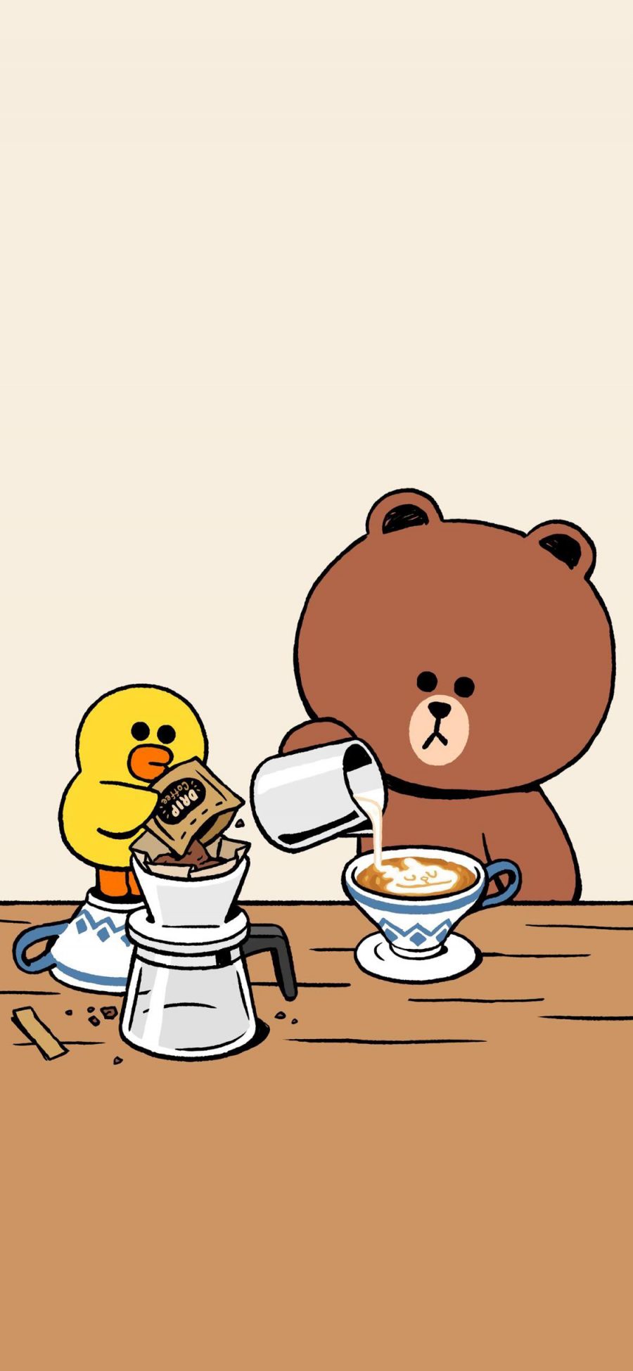 [2436×1125]布朗熊 linefriends 萨莉鸡 咖啡 卡通 苹果手机动漫壁纸图片