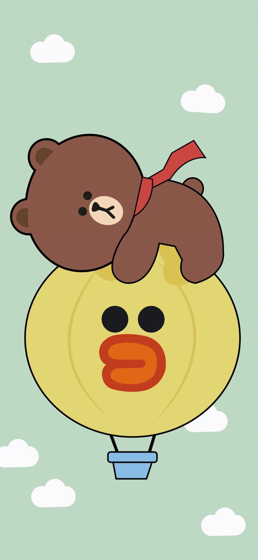 [2436×1125]布朗熊 萨莉鸡 热气球 linefriends 卡通 苹果手机动漫壁纸图片