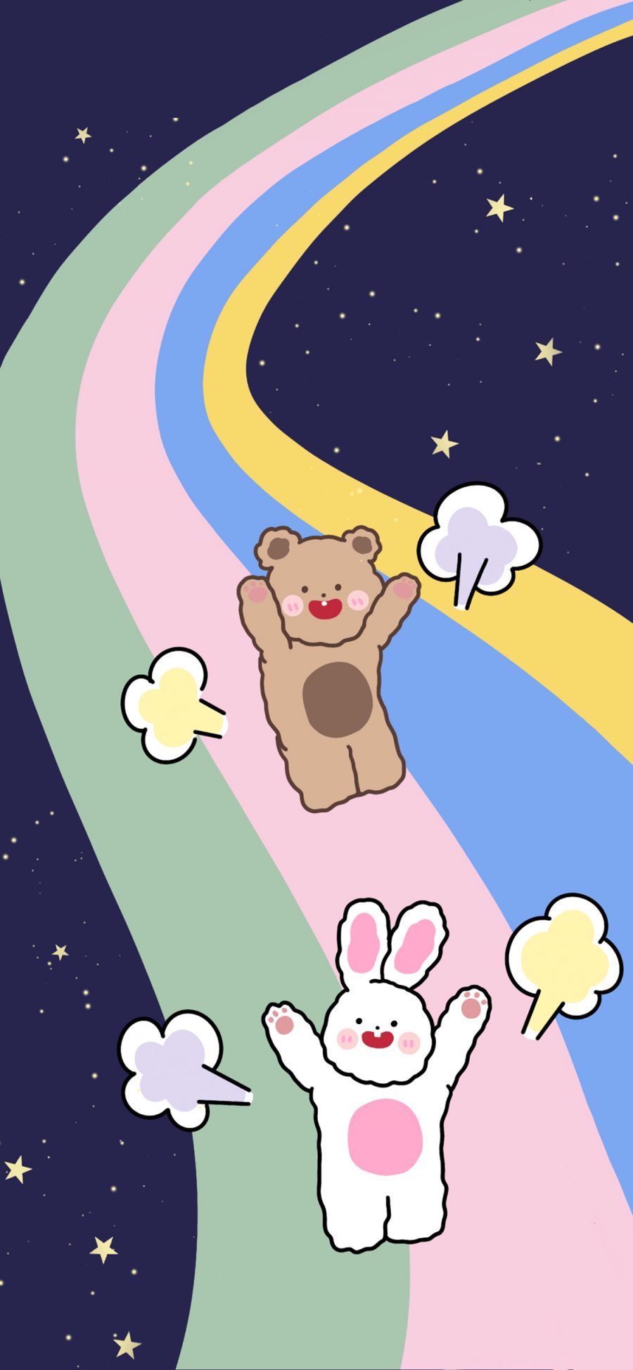 [2436×1125]彩虹 卡通 小熊 兔子 苹果手机动漫壁纸图片