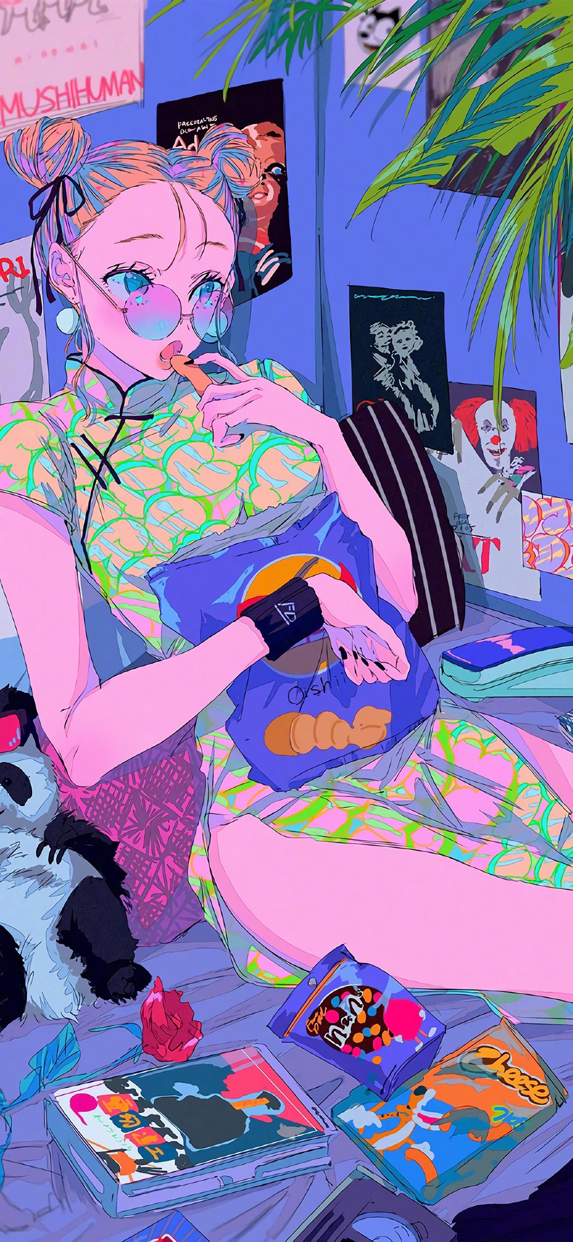 [2436×1125]性感 女孩 薯片 旗袍 漫画 苹果手机动漫壁纸图片