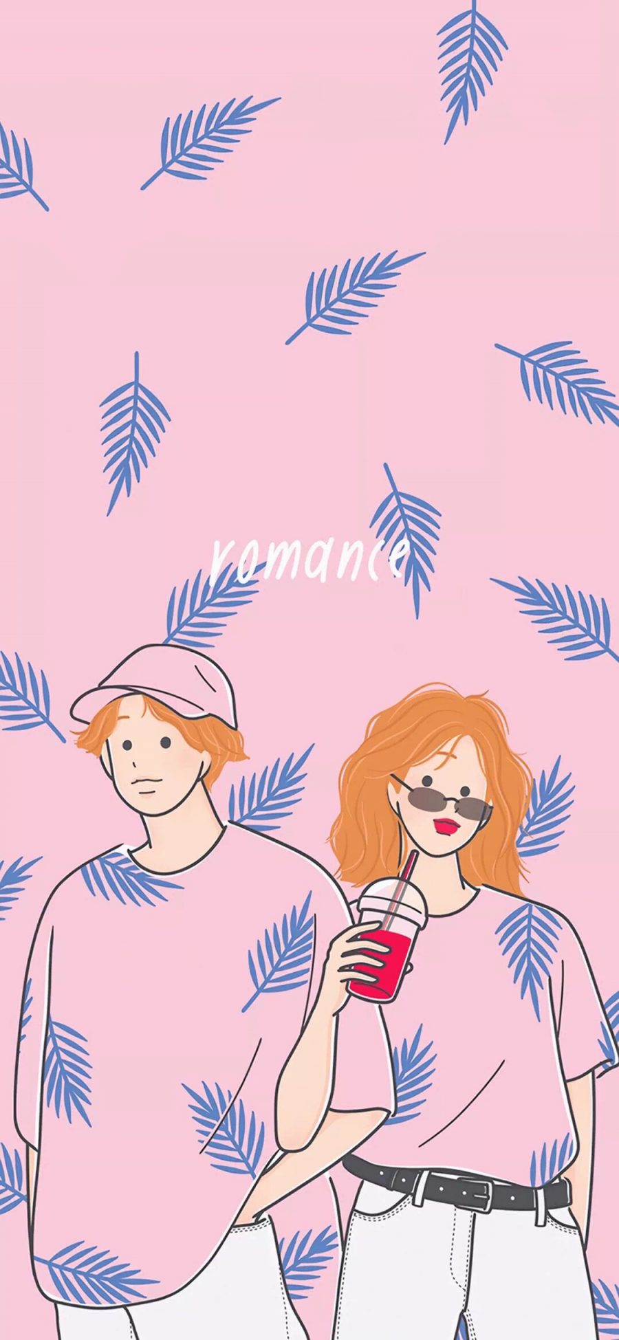 [2436×1125]情侣 插图 粉色 ins风 苹果手机动漫壁纸图片