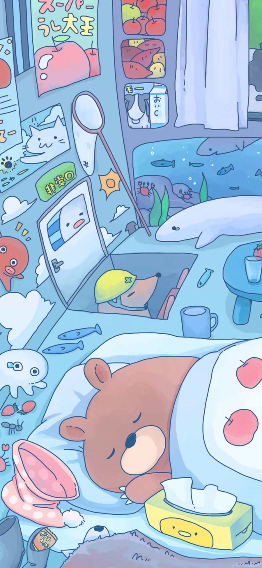 [2436×1125]房间 小熊 睡觉 卡通 苹果手机动漫壁纸图片