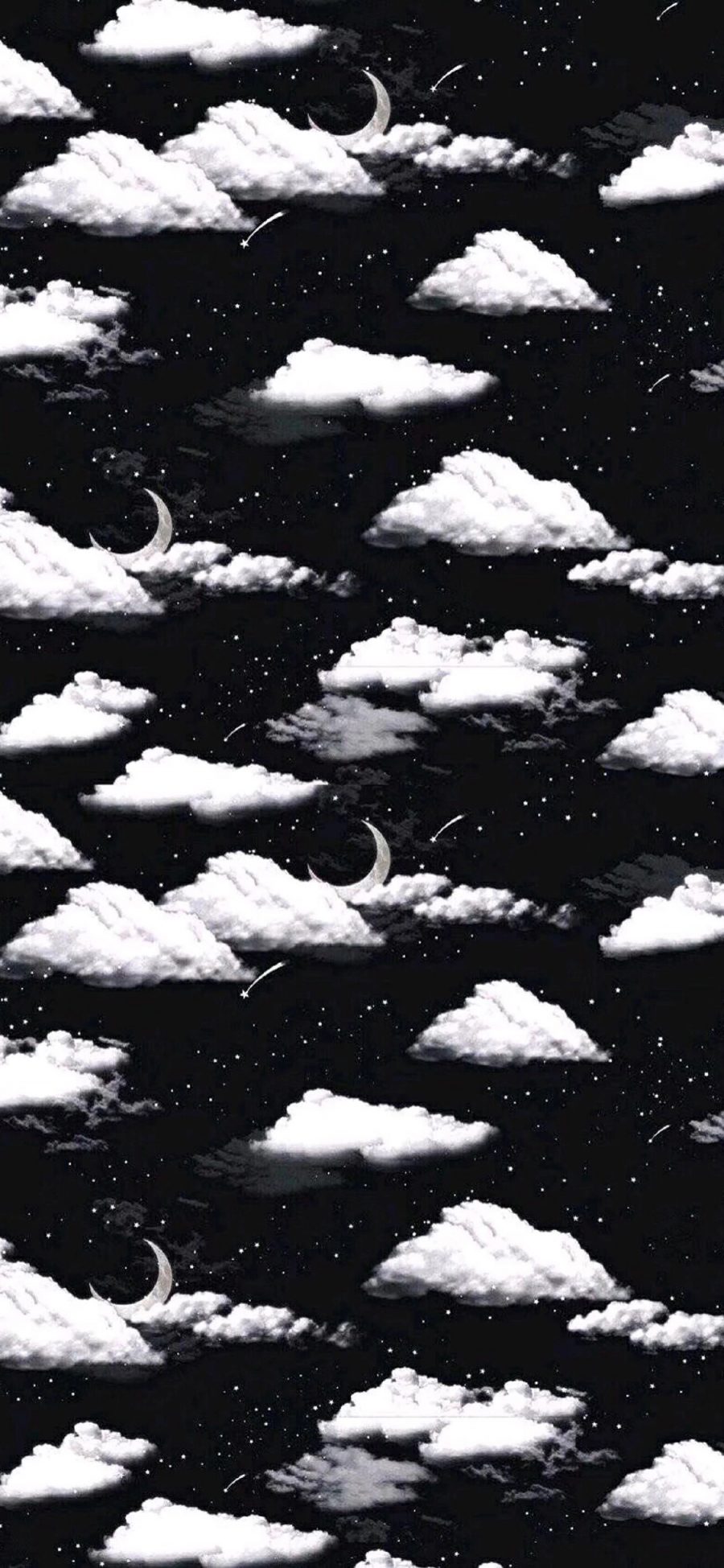 [2436×1125]插图 云朵 月牙 黑白 平铺 苹果手机动漫壁纸图片