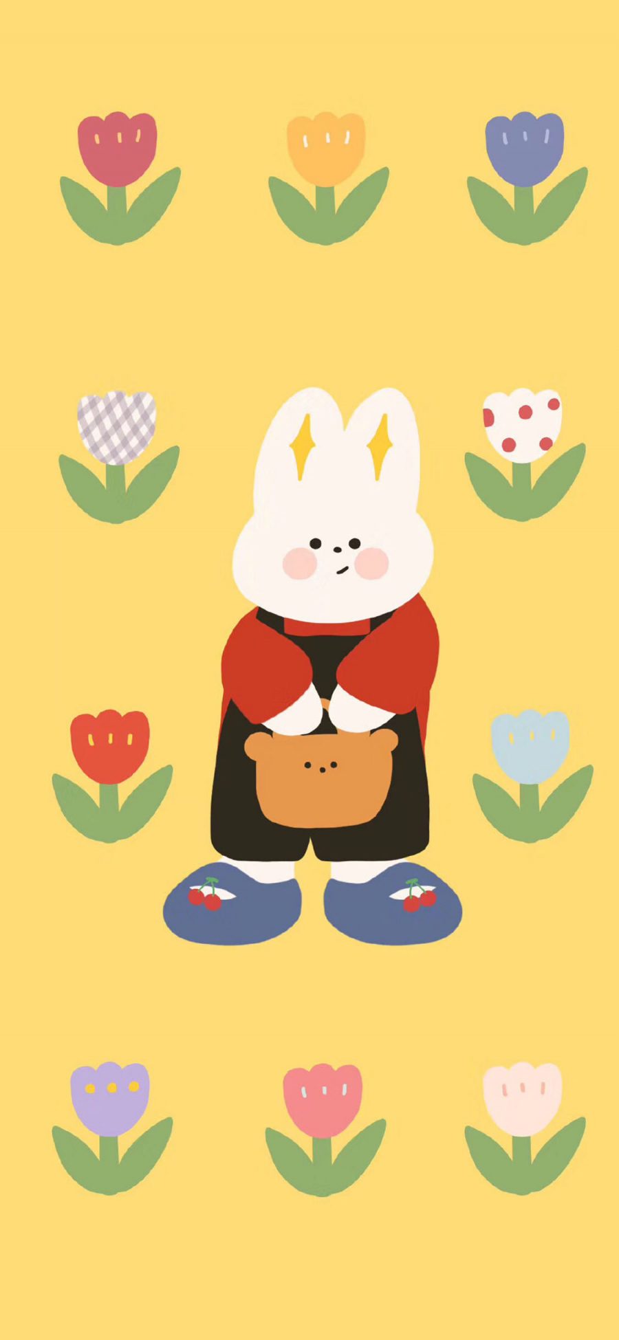 [2436×1125]插图 兔子 花朵 平铺（取自微博：请你吃番茄呀） 苹果手机动漫壁纸图片