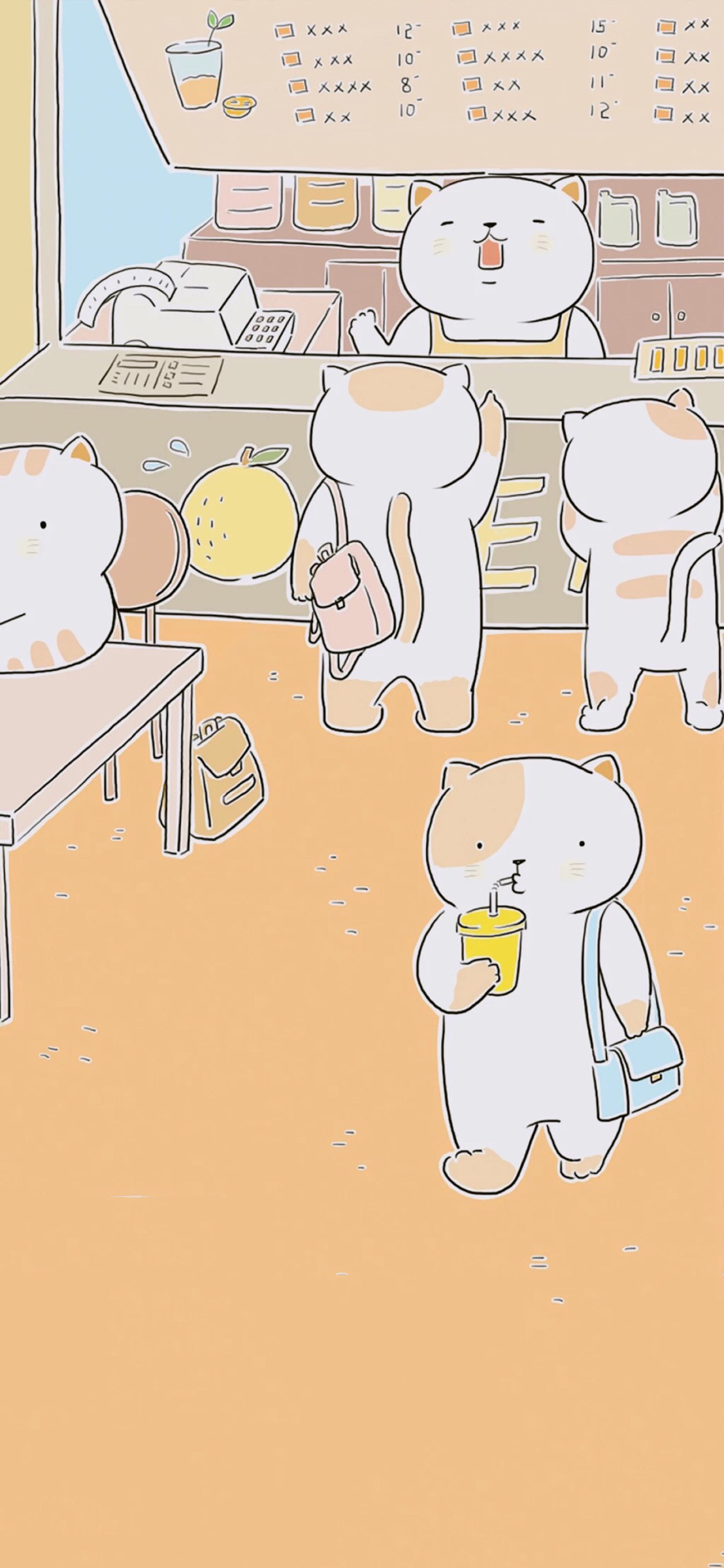 [2436×1125]插图 卡通 猫咪 饮料 苹果手机动漫壁纸图片