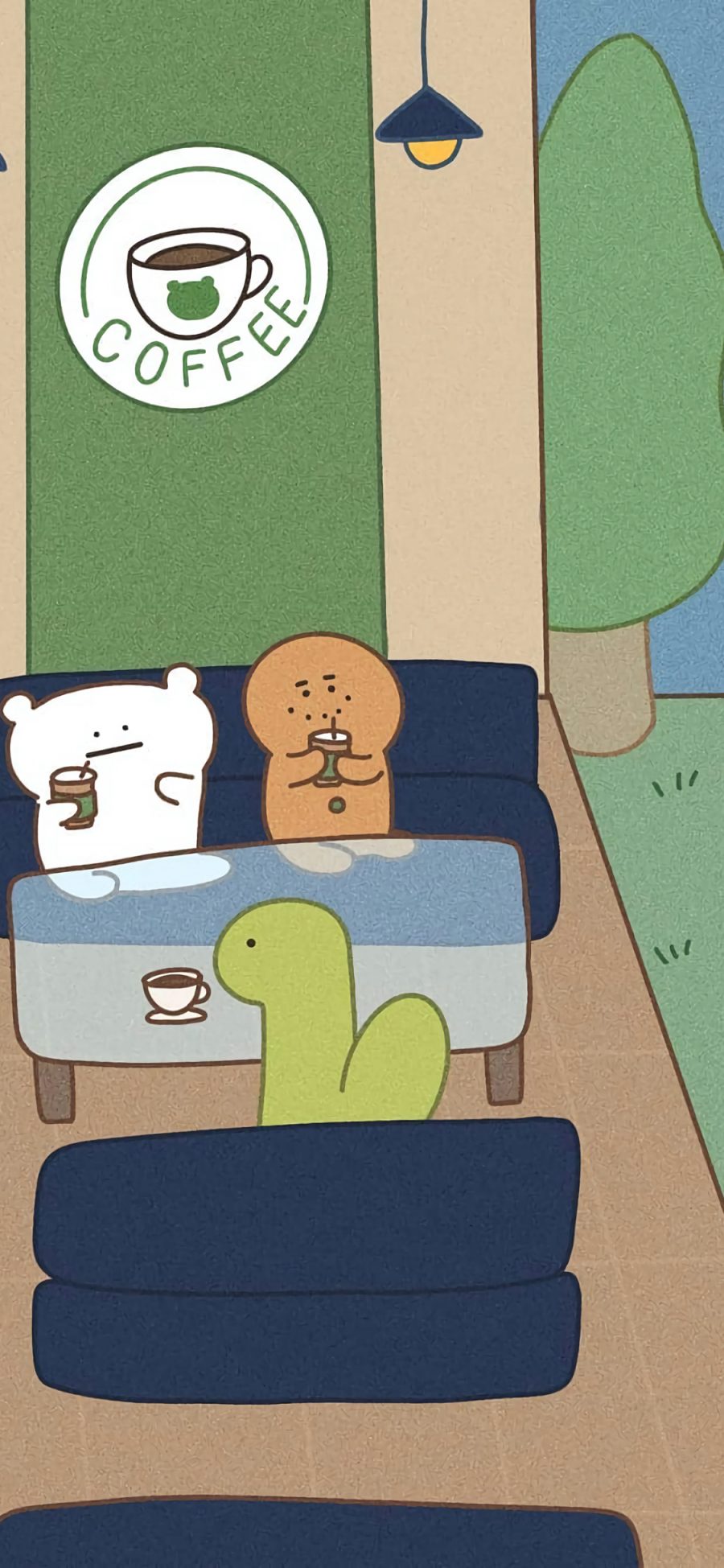 [2436×1125]插图 卡通 萌物 喝咖啡 苹果手机动漫壁纸图片