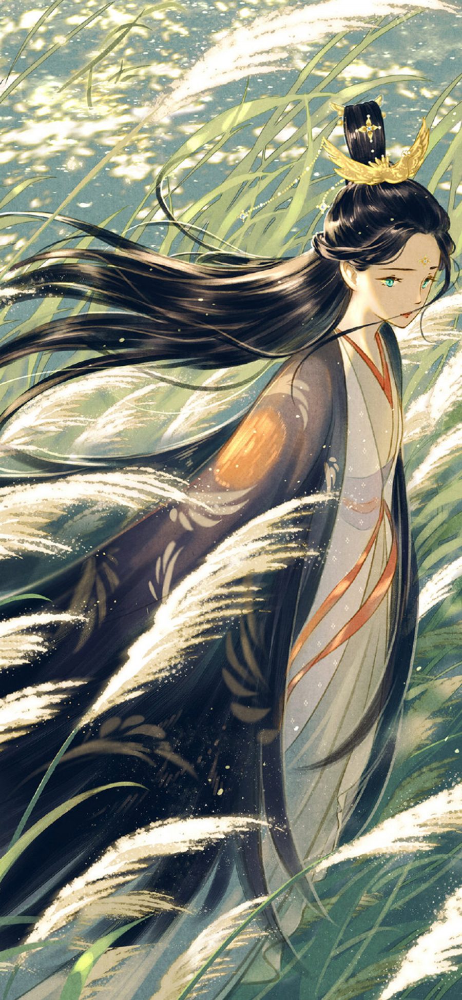 [2436×1125]插图 古风 美人 芦苇丛 梦幻 苹果手机动漫壁纸图片