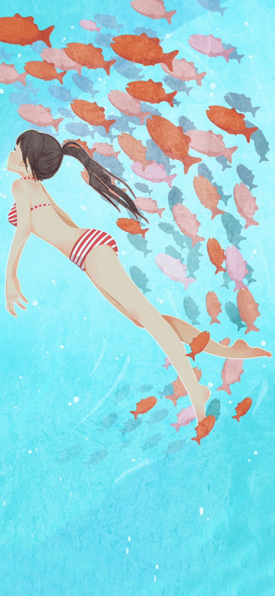 [2436×1125]插图 女孩 游泳 鱼群 苹果手机动漫壁纸图片