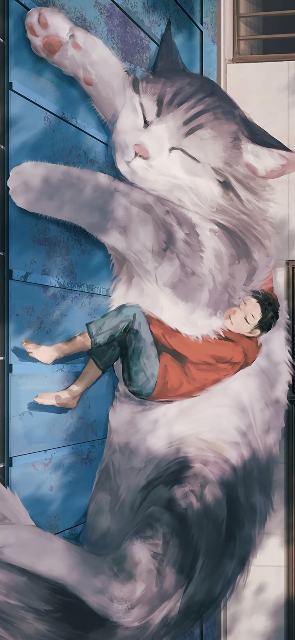 [2436×1125]插图 猫咪 睡觉 男孩 苹果手机动漫壁纸图片