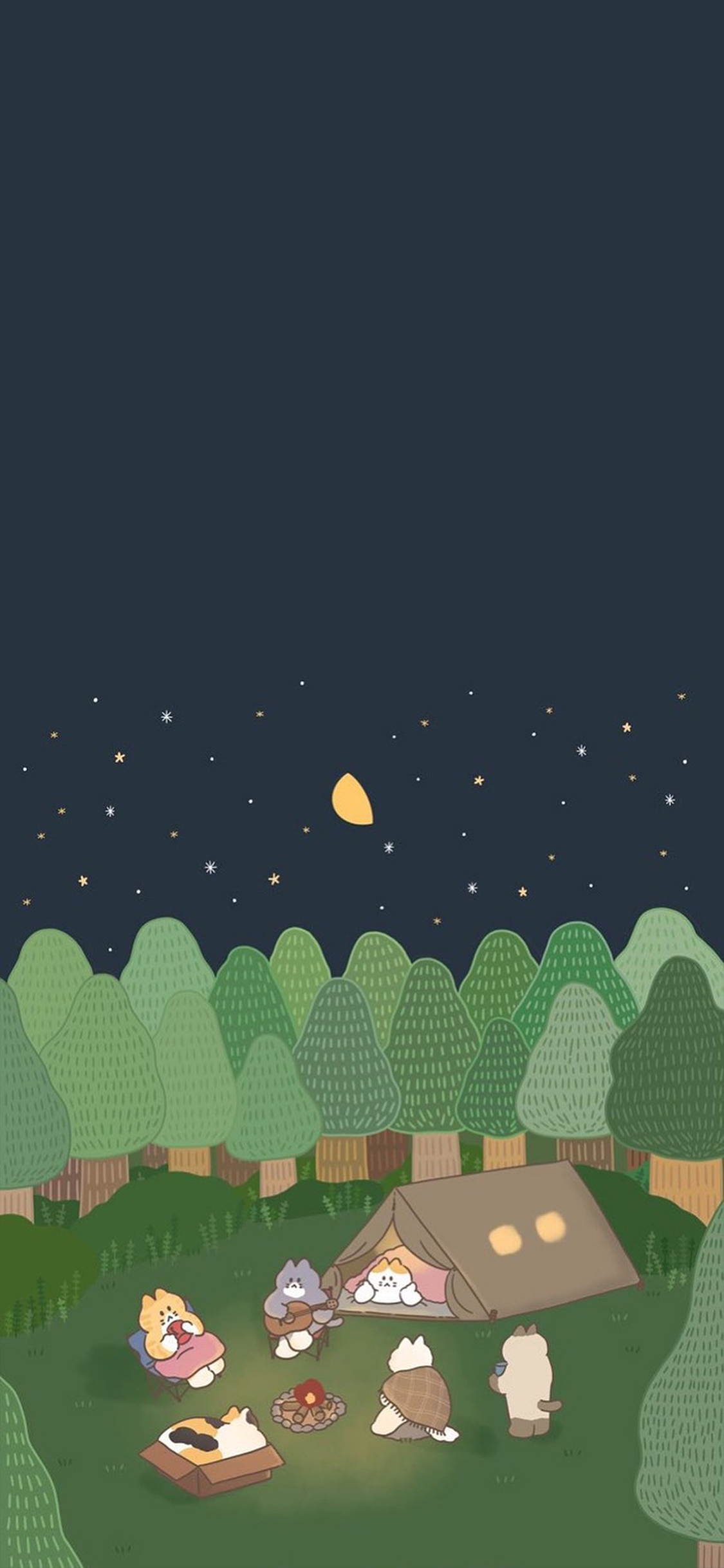 [2436×1125]插图 猫咪 篝火 晚会 苹果手机动漫壁纸图片