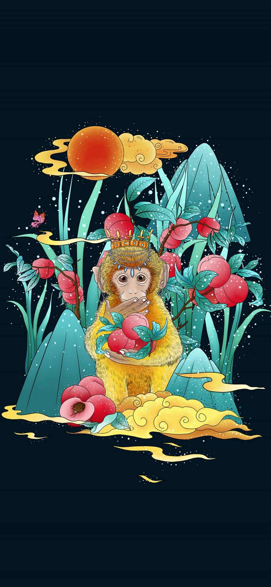 [2436×1125]插图 猴子 花草 华丽（取自站酷网：辰子ChenRui） 苹果手机动漫壁纸图片