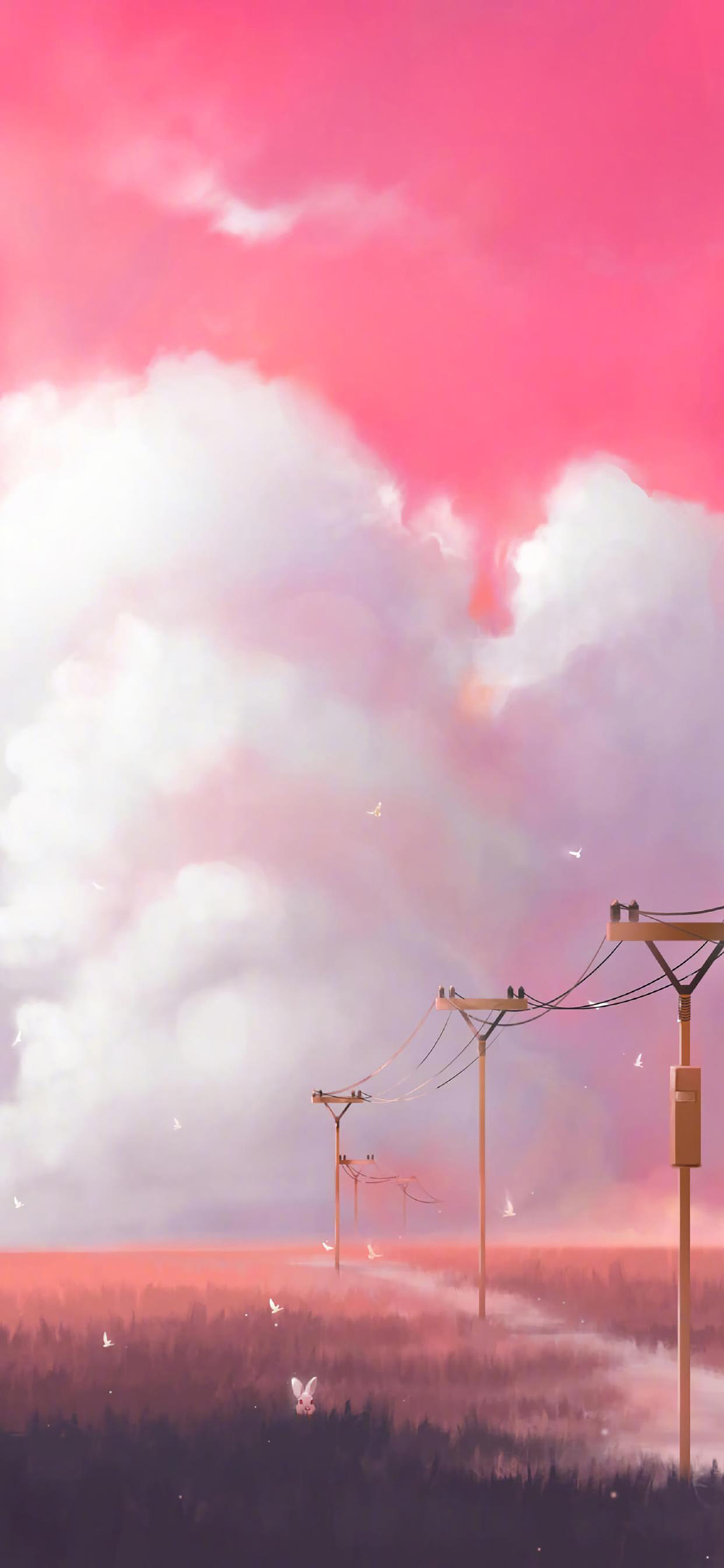 [2436×1125]插图 粉色 天空 兔子 电信杆 苹果手机动漫壁纸图片
