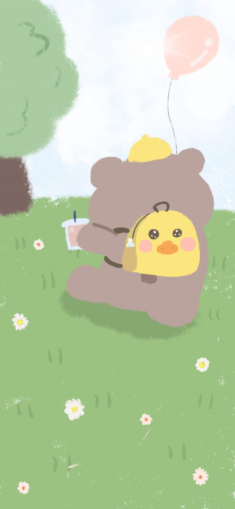 [2436×1125]插图 草地 小熊 背影 可爱 苹果手机动漫壁纸图片