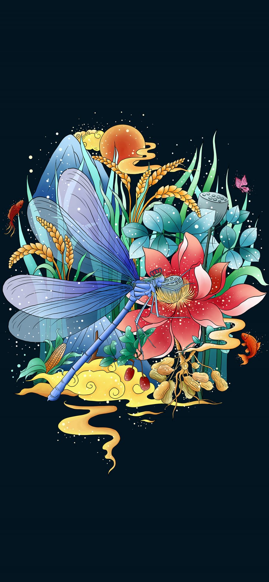 [2436×1125]插图 蜻蜓 花草 华丽（取自站酷网：辰子ChenRui） 苹果手机动漫壁纸图片