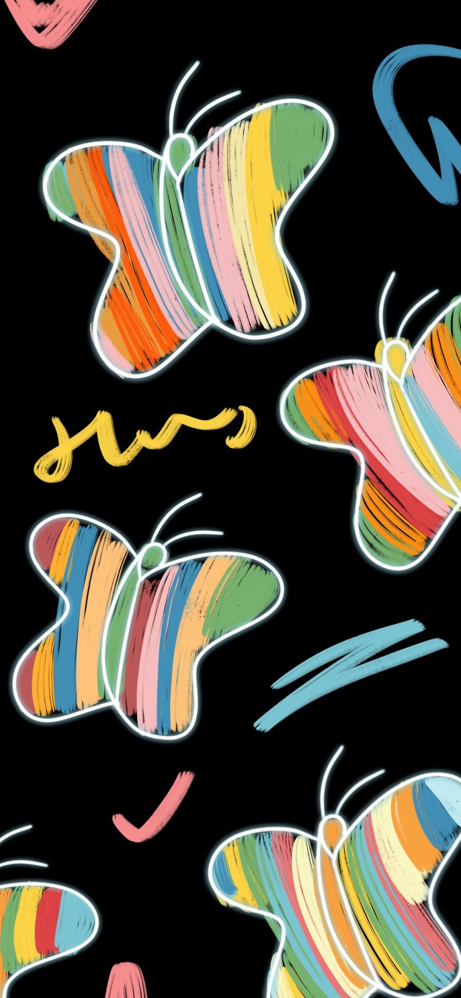 [2436×1125]插图 蝴蝶 平铺 彩色 苹果手机动漫壁纸图片