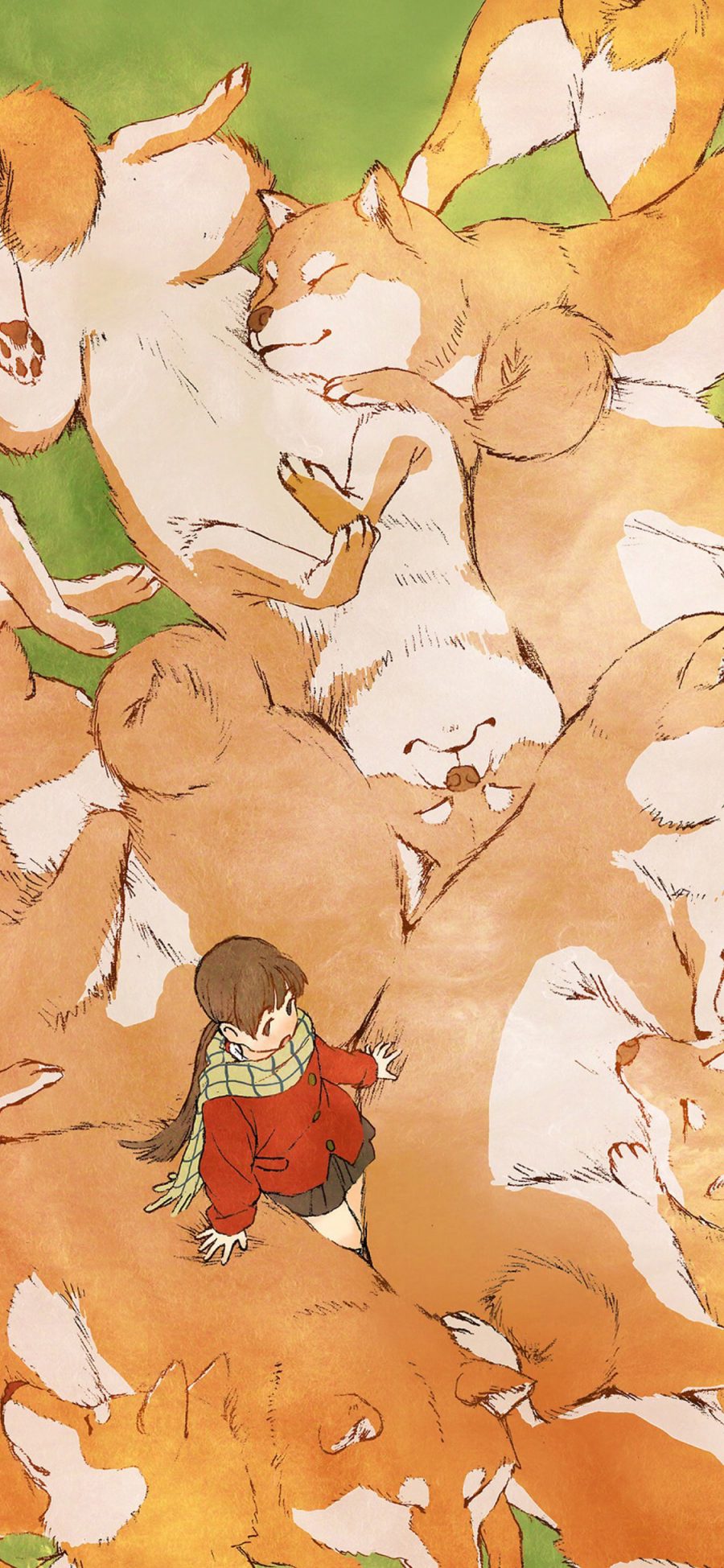 [2436×1125]插画 小女孩 柴犬 密集 苹果手机动漫壁纸图片