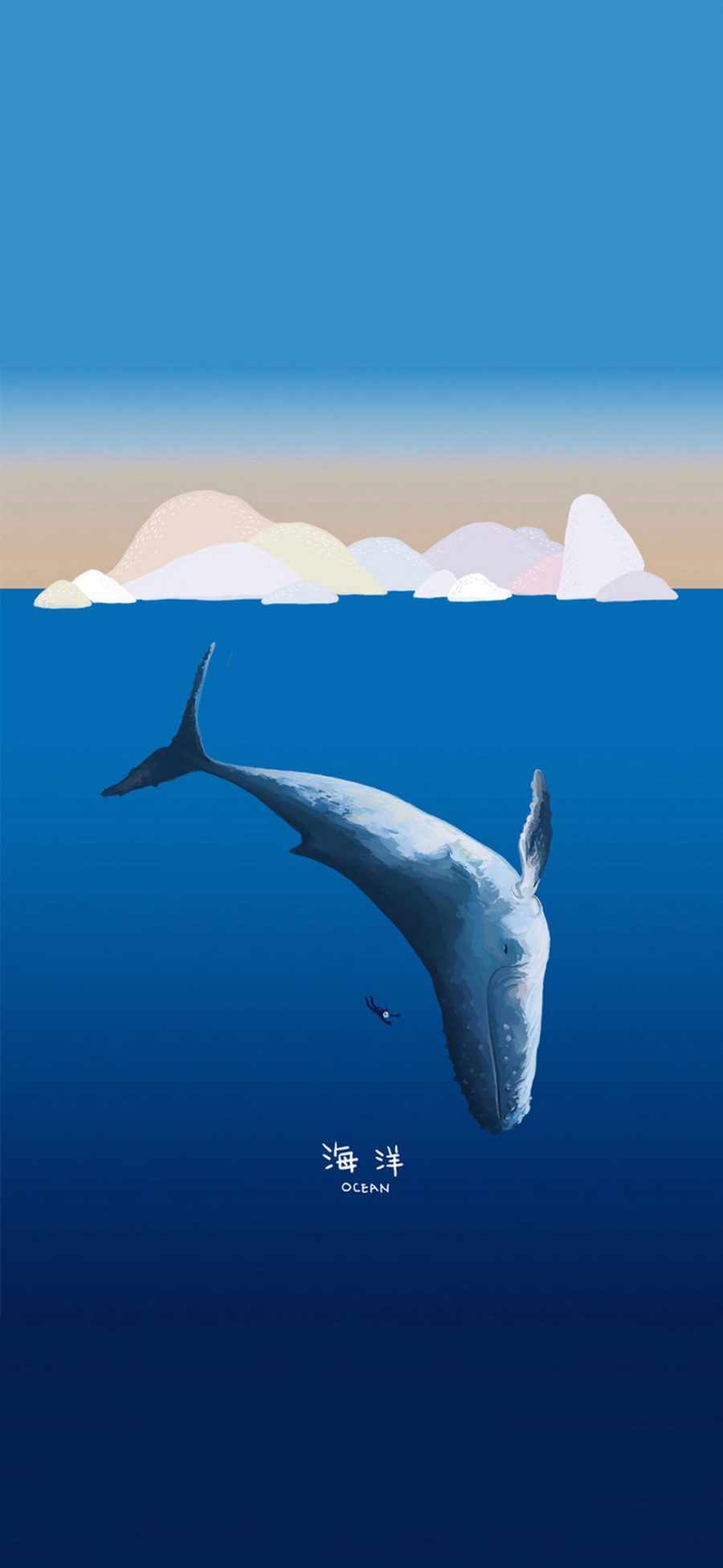 [2436×1125]插画 海洋 鲸鱼 蓝色 苹果手机动漫壁纸图片