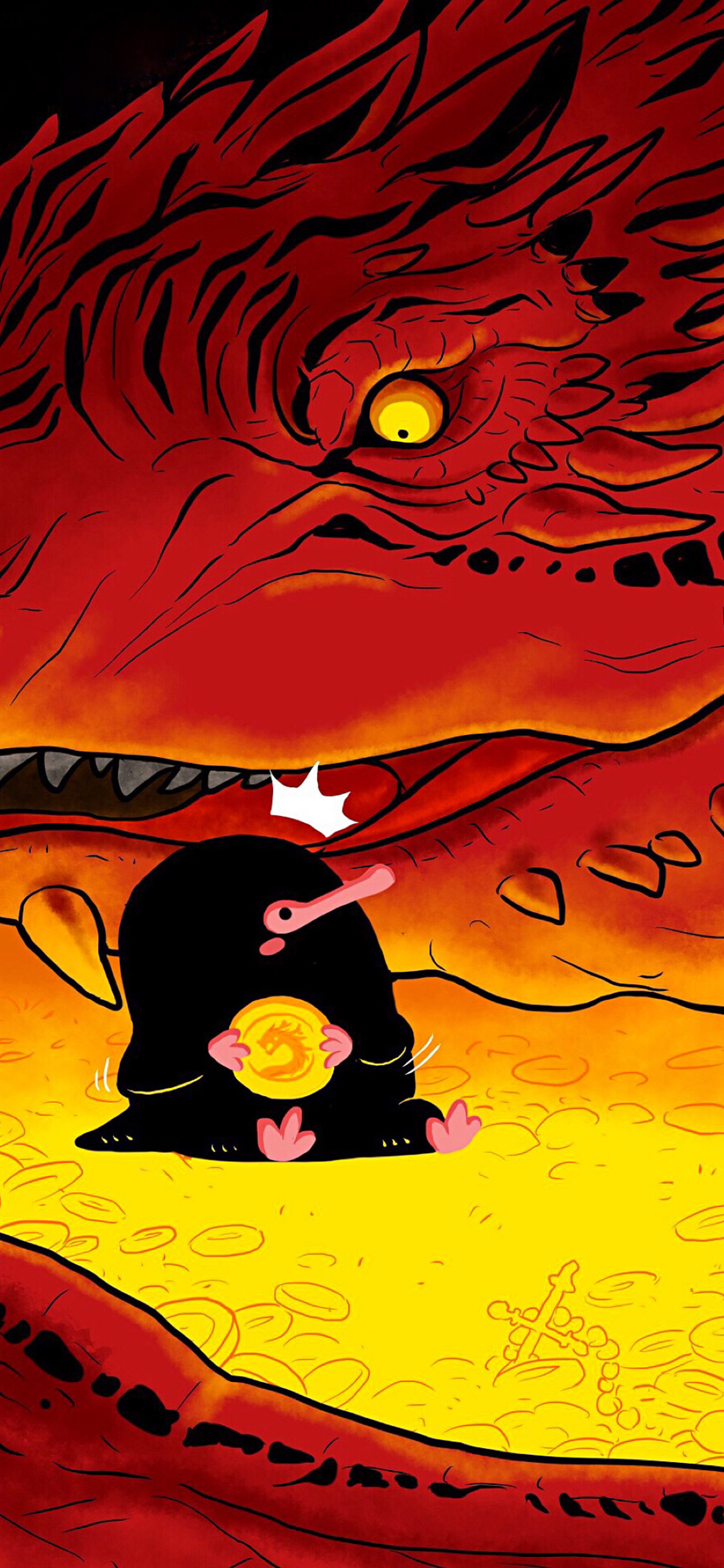 [2436×1125]插画 神龙 嗅嗅 金币 神奇动物 苹果手机动漫壁纸图片