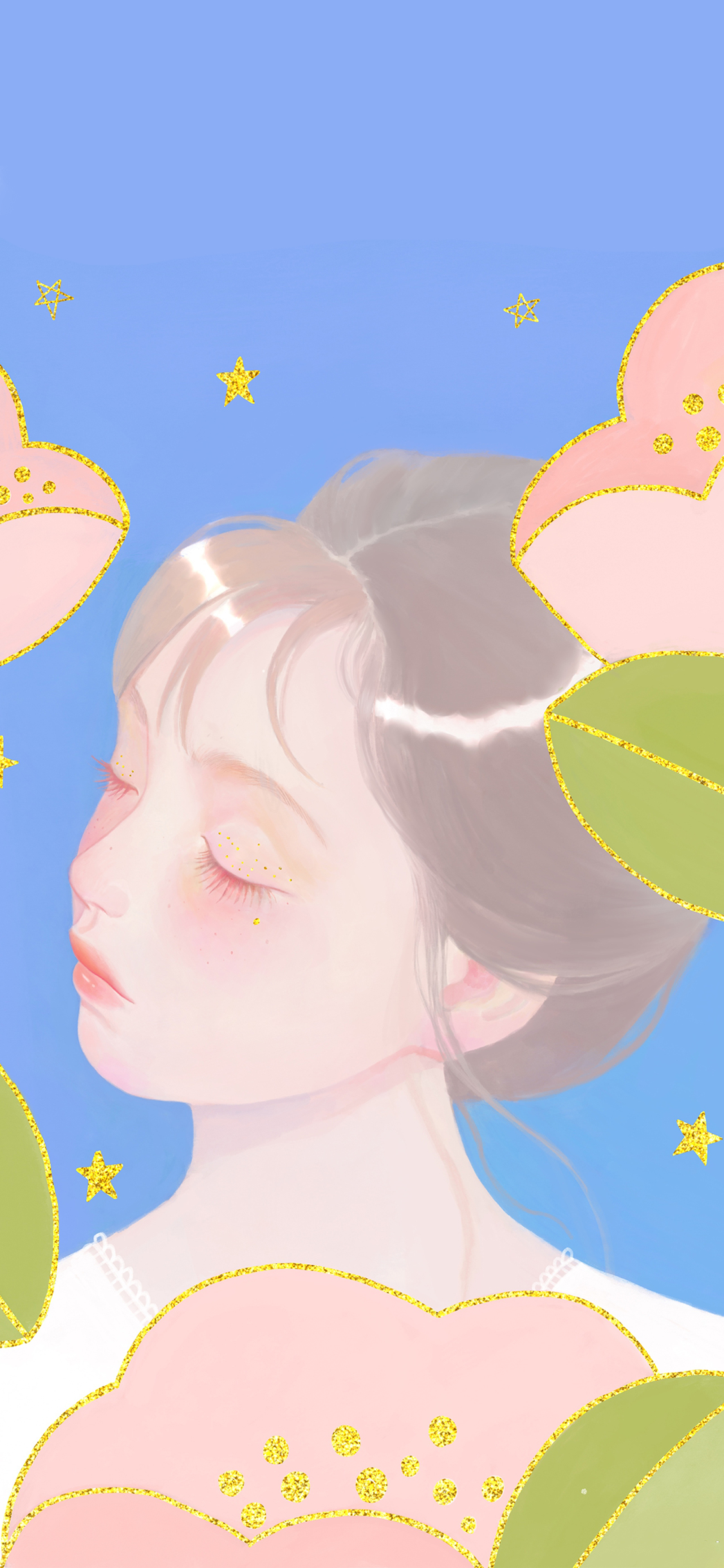 [2436×1125]插画 闭眼 女孩 唯美 苹果手机动漫壁纸图片