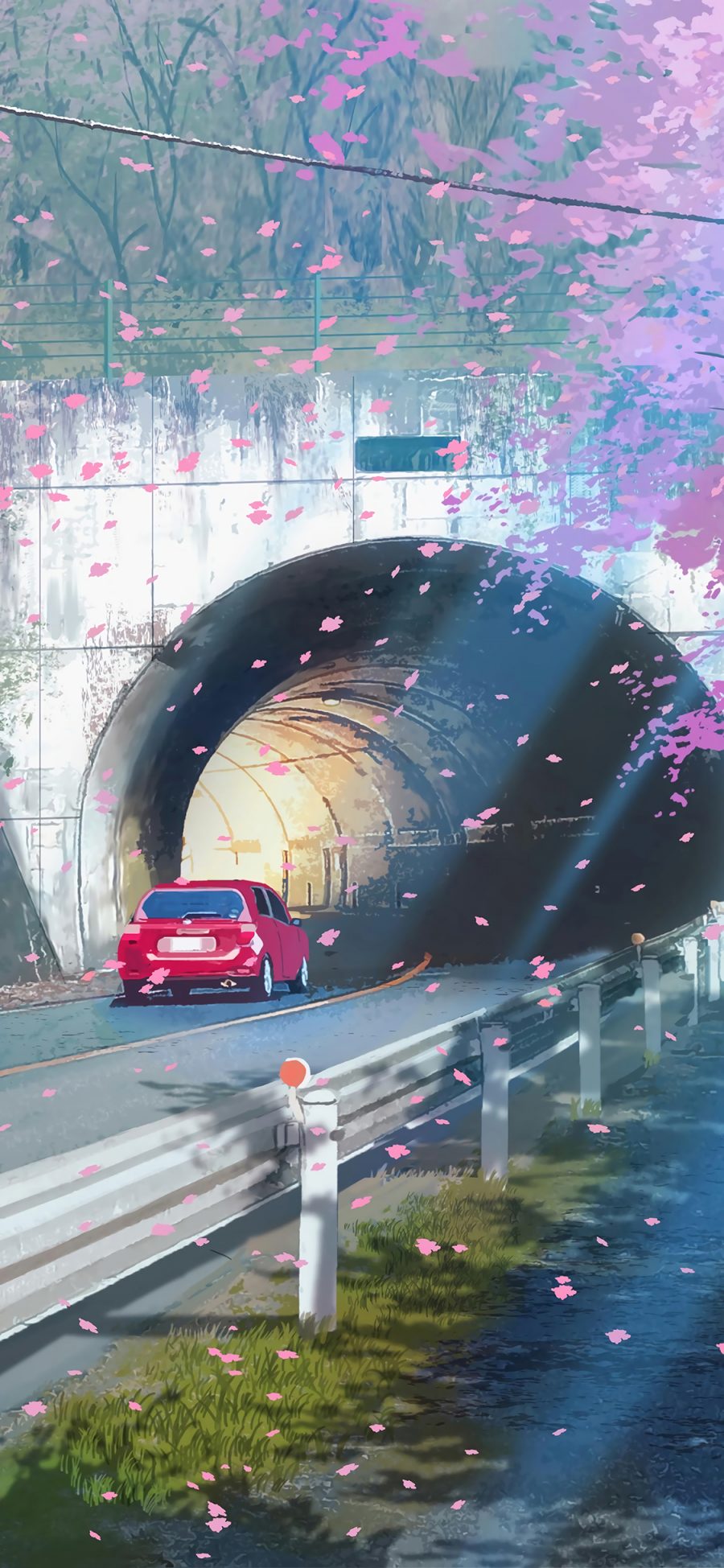 [2436×1125]日漫 场景 桥洞 汽车 樱花 苹果手机动漫壁纸图片