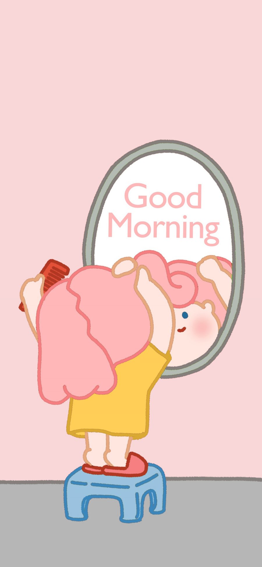 [2436×1125]早上好 粉色 小女孩 镜子 梳头 苹果手机动漫壁纸图片