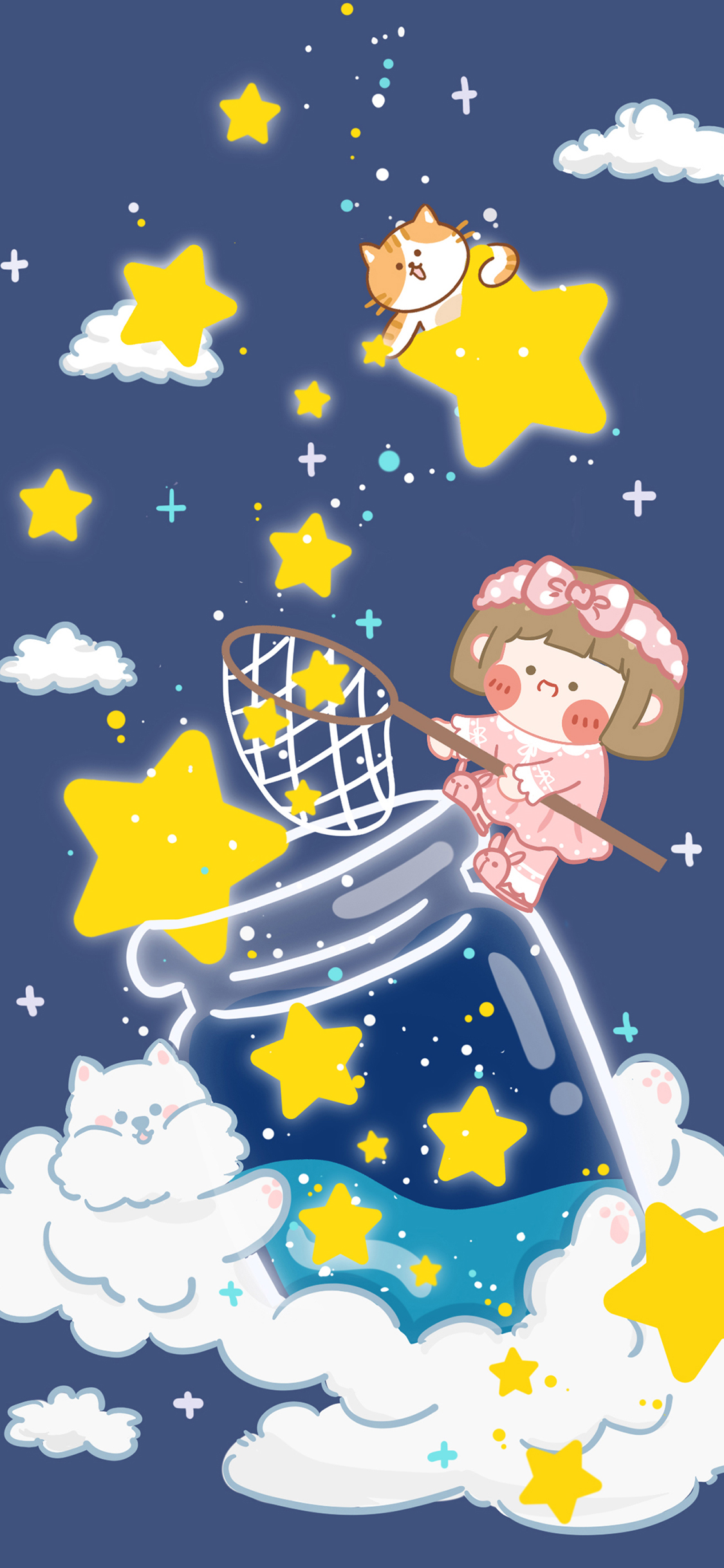 [2436×1125]星星 渔网 小男孩 肉肉酱 卡通 玻璃瓶 猫狗 苹果手机动漫壁纸图片