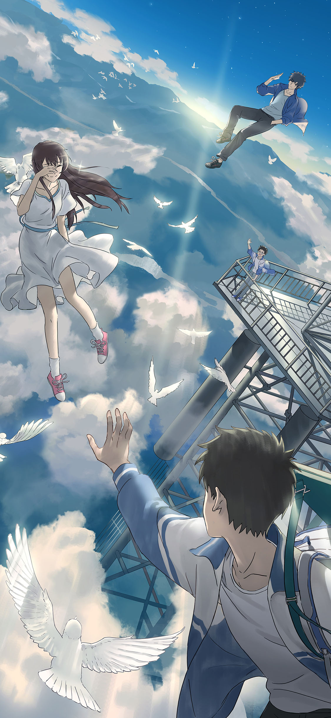 [2436×1125]昨日青空 漫画 校园 校服 学生 格子 天空 苹果手机动漫壁纸图片