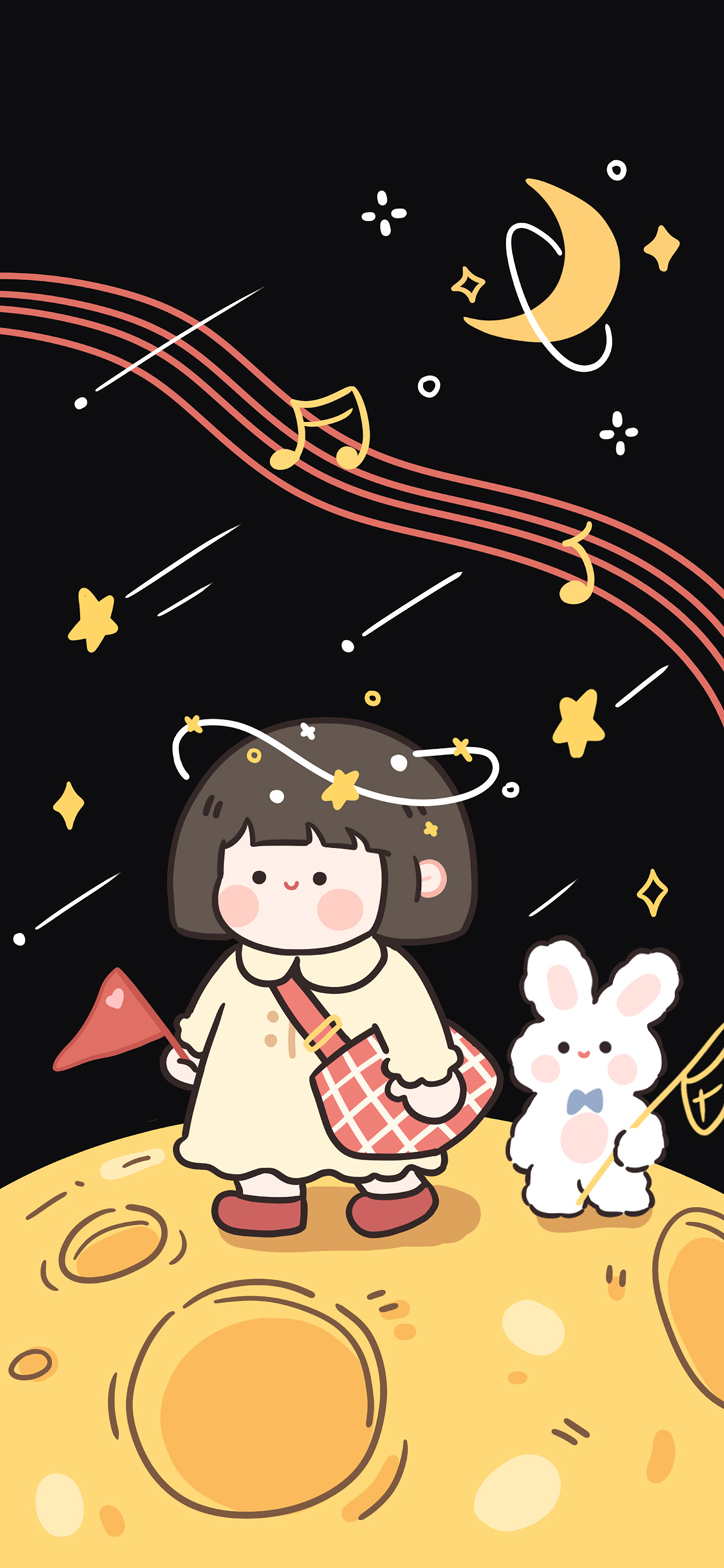 [2436×1125]月球 小女孩 兔子 小红旗 可爱 ROROJUMP肉肉酱 苹果手机动漫壁纸图片