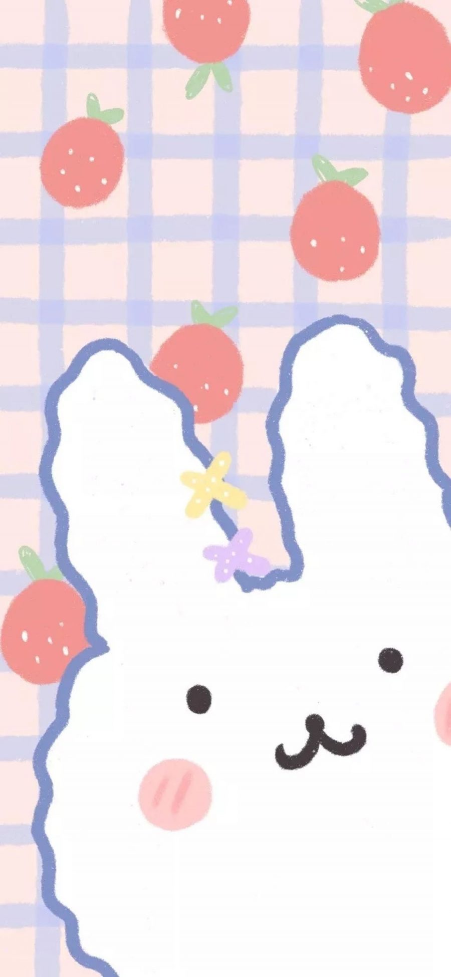 [2436×1125]格子背景 卡通 兔子 草莓 苹果手机动漫壁纸图片